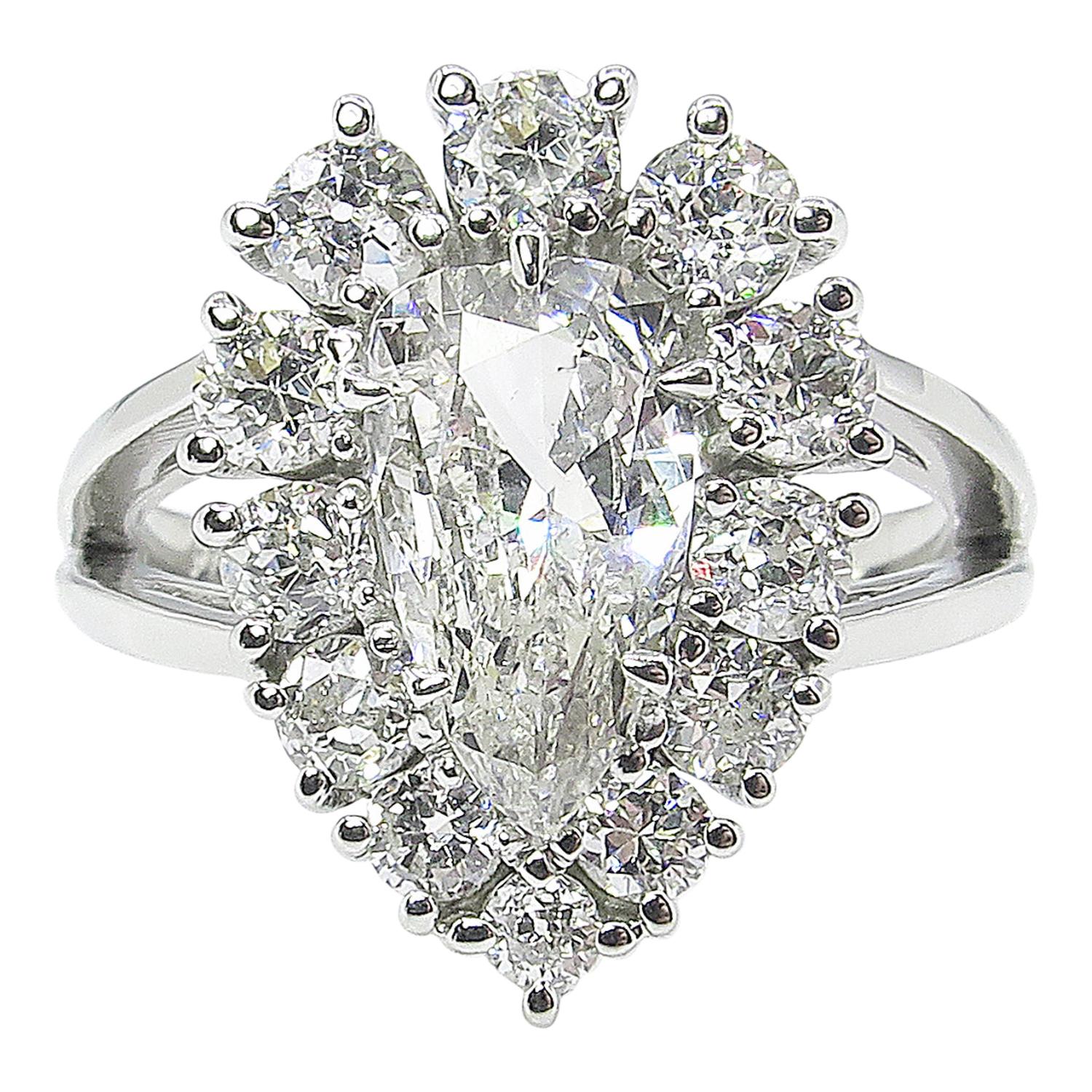 2.13 Carat Vintage Pear Diamond Cluster Engagement Platinum Ring EGL, USA