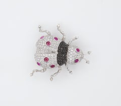 2.13 Carat White Diamond Ruby & Black Diamond Ladybug Brooch Pin 18K White Gold