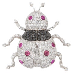 2.13 Carat White Diamond Ruby & Black Diamond Ladybug Brooch Pin 18K White Gold
