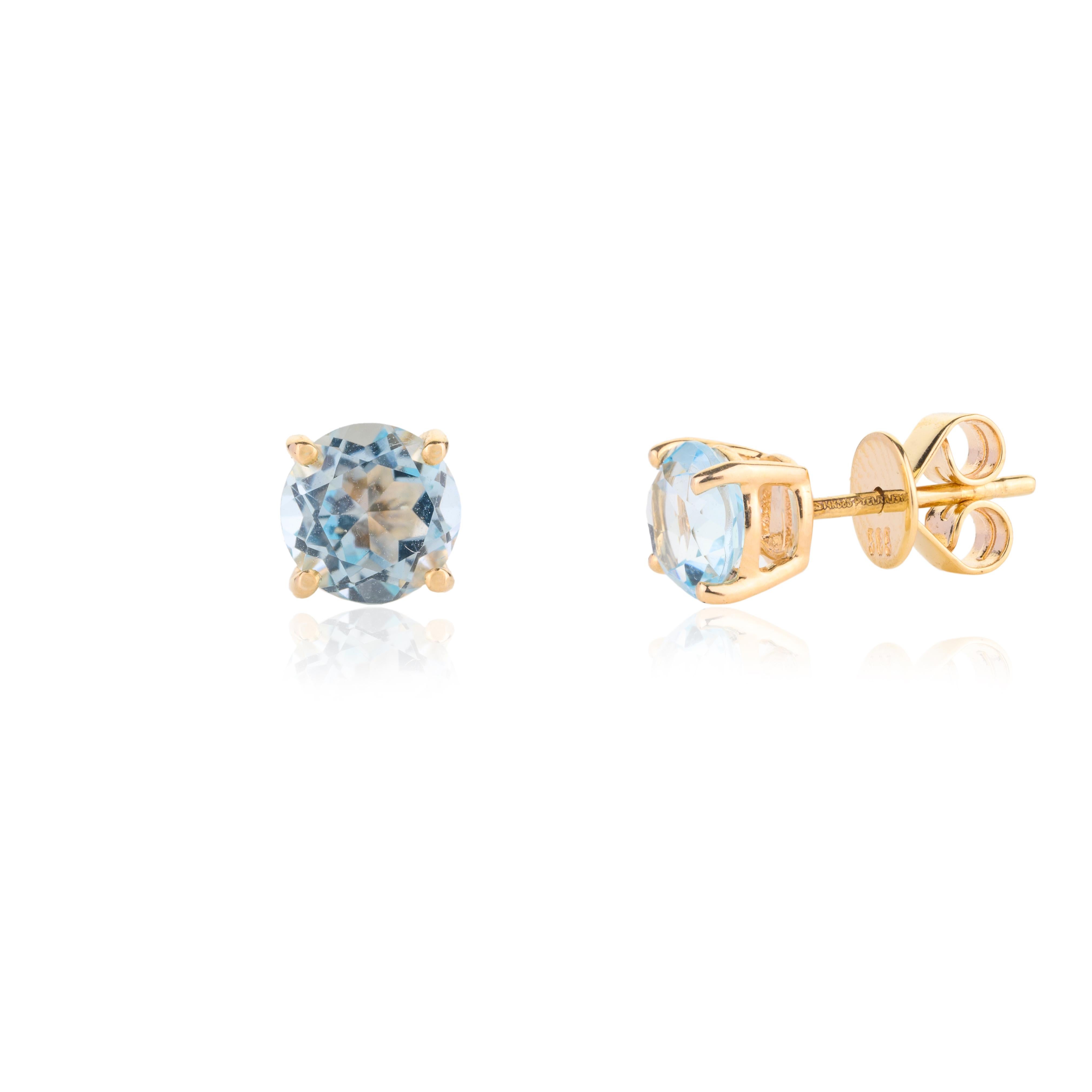 Modern 2.13 Carats Blue Topaz Pushback Stud Earrings for Her in 14k Solid Yellow Gold For Sale