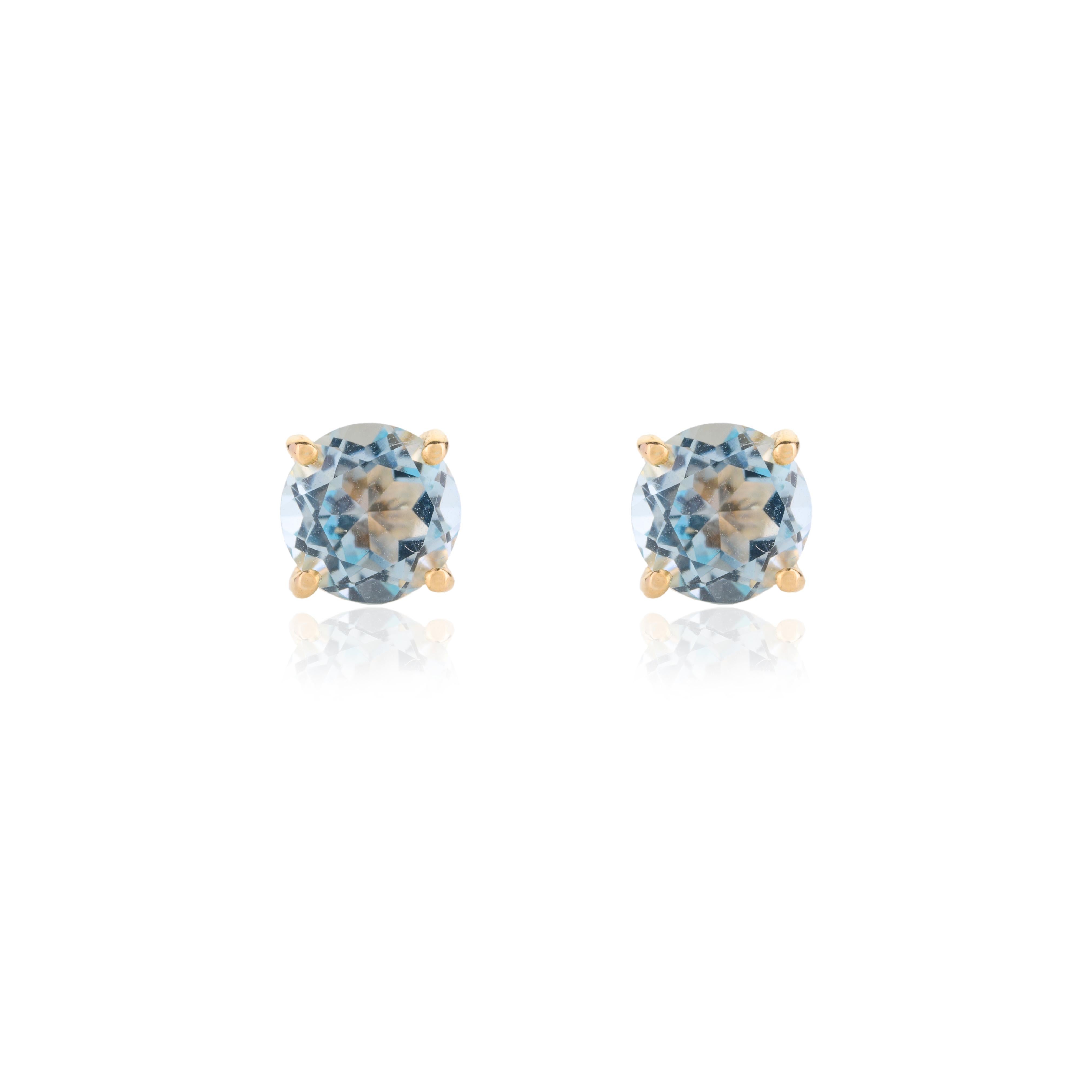 Round Cut 2.13 Carats Blue Topaz Pushback Stud Earrings for Her in 14k Solid Yellow Gold For Sale