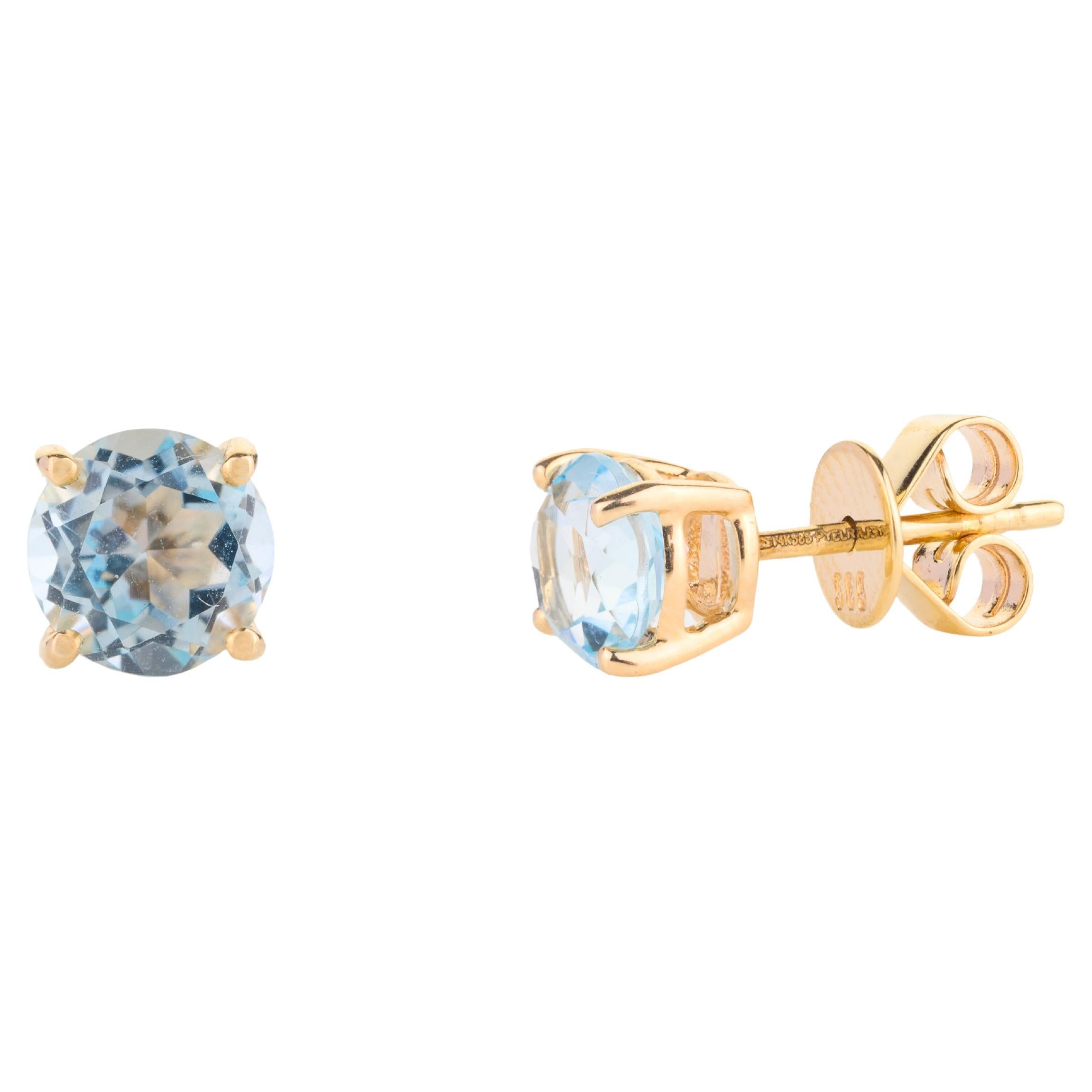 2.13 Carats Blue Topaz Pushback Stud Earrings for Her in 14k Solid Yellow Gold For Sale
