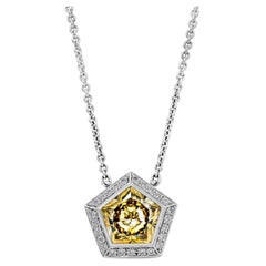 2.13 Carats Pentagon Yellow Diamond and Round Diamond Halo Pendant Necklace