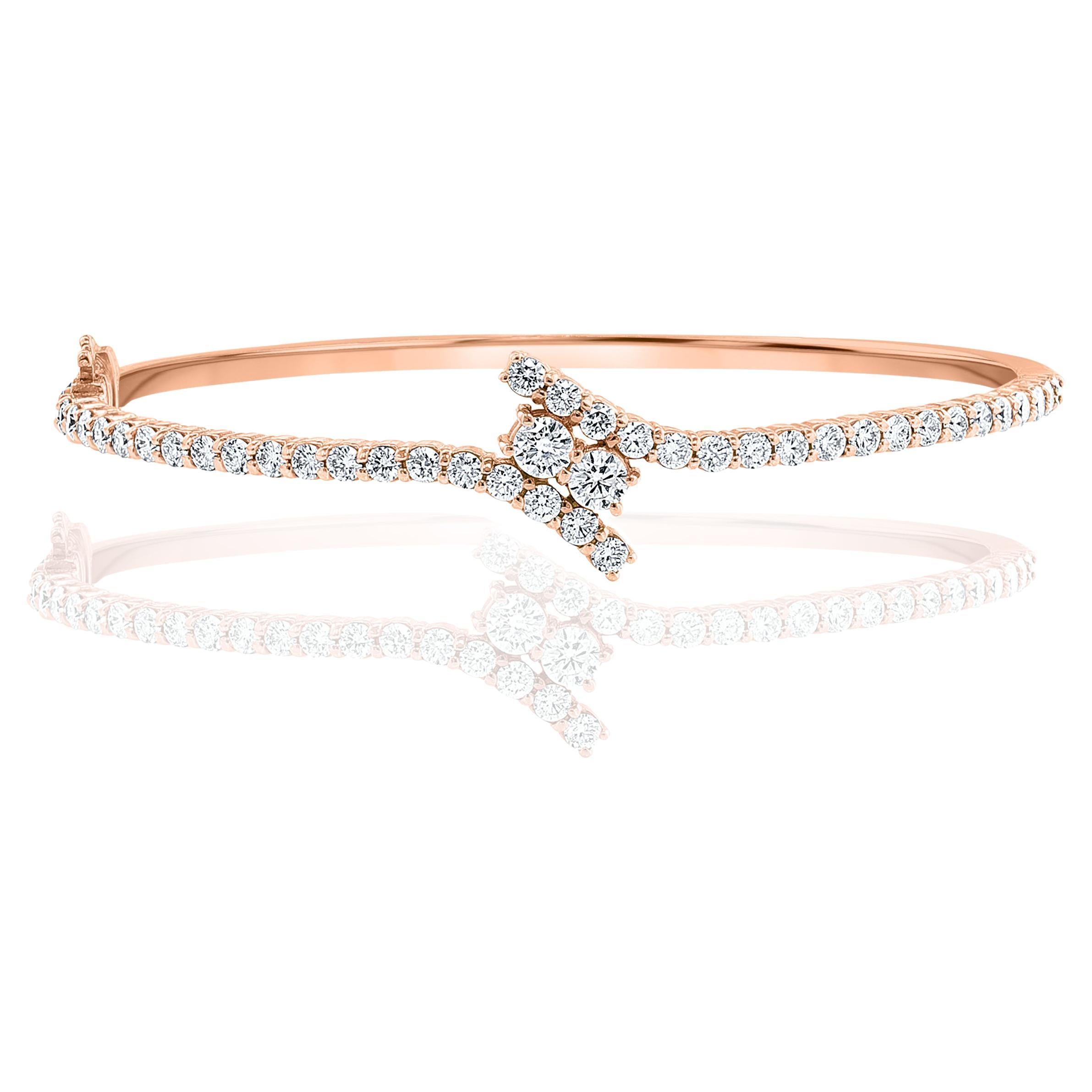 2.13 Carats Round Cut Diamond Twisted Bangle Bracelet in 14K Rose Gold For Sale