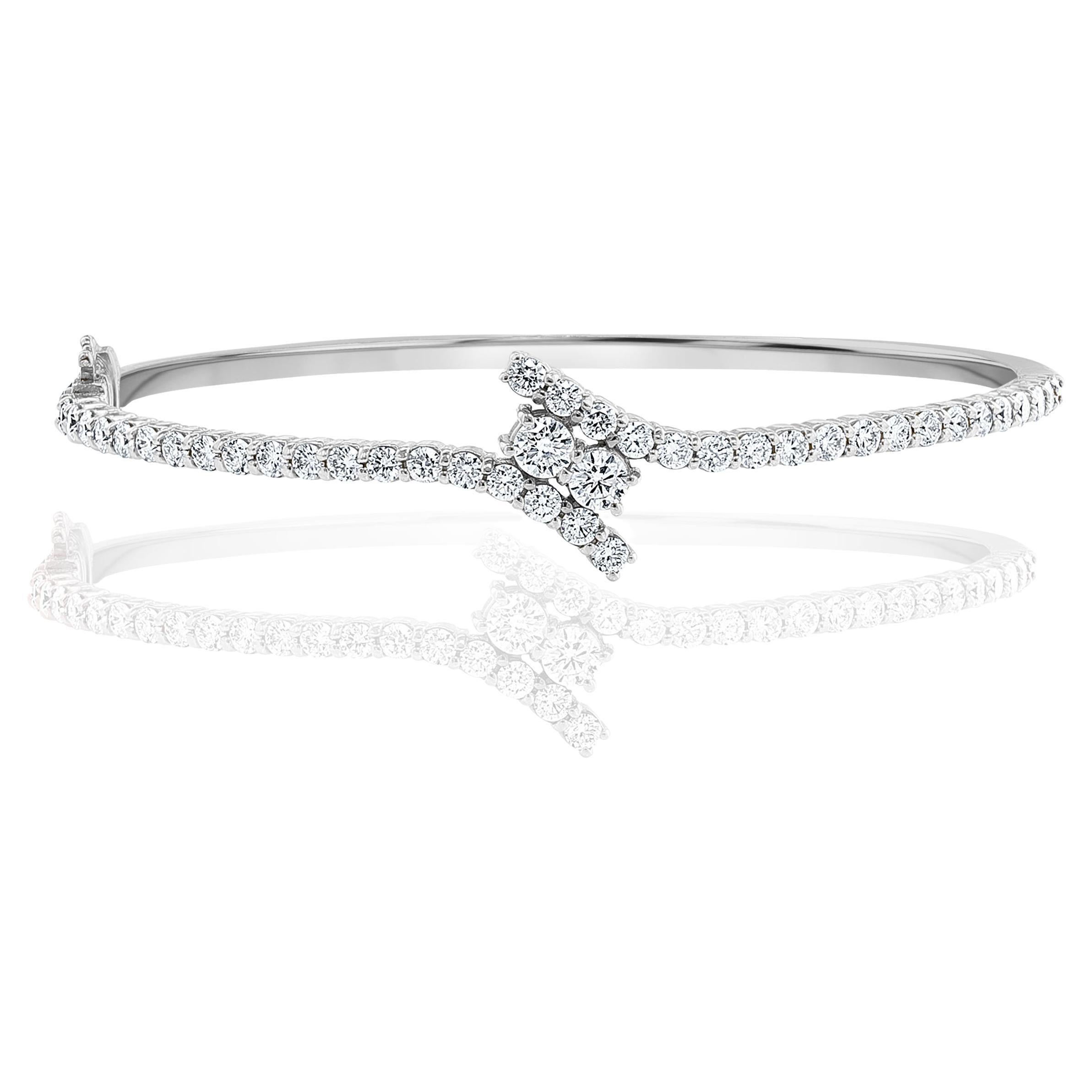 2.13 Carats Round Cut Diamond Twisted Bangle Bracelet in 14K White Gold For Sale