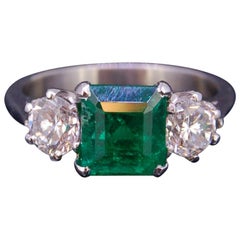 2.13 Carat Colombian Emerald and Diamond 3-Stone Ring Certificated
