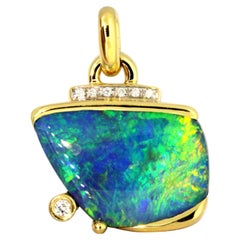 21.30 Black Australian Opal Diamond  Pendant with Chain 18 Karat Yellow Gold