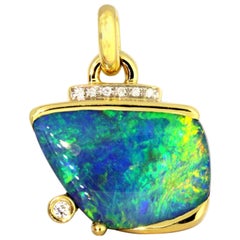21.30 Black Australian Opal Diamond Pendant with Chain 18 Karat Yellow Gold