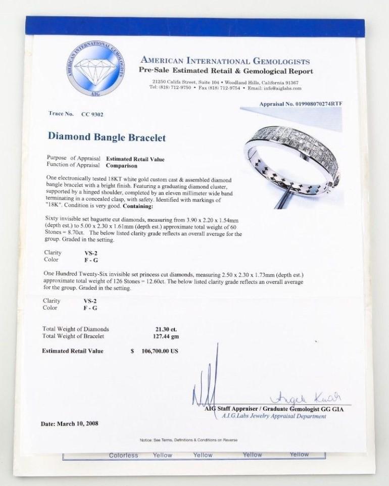 Princess Cut 21.30 Carat Diamond Invisibly Set Bangle 18 Karat White Gold Bracelet For Sale