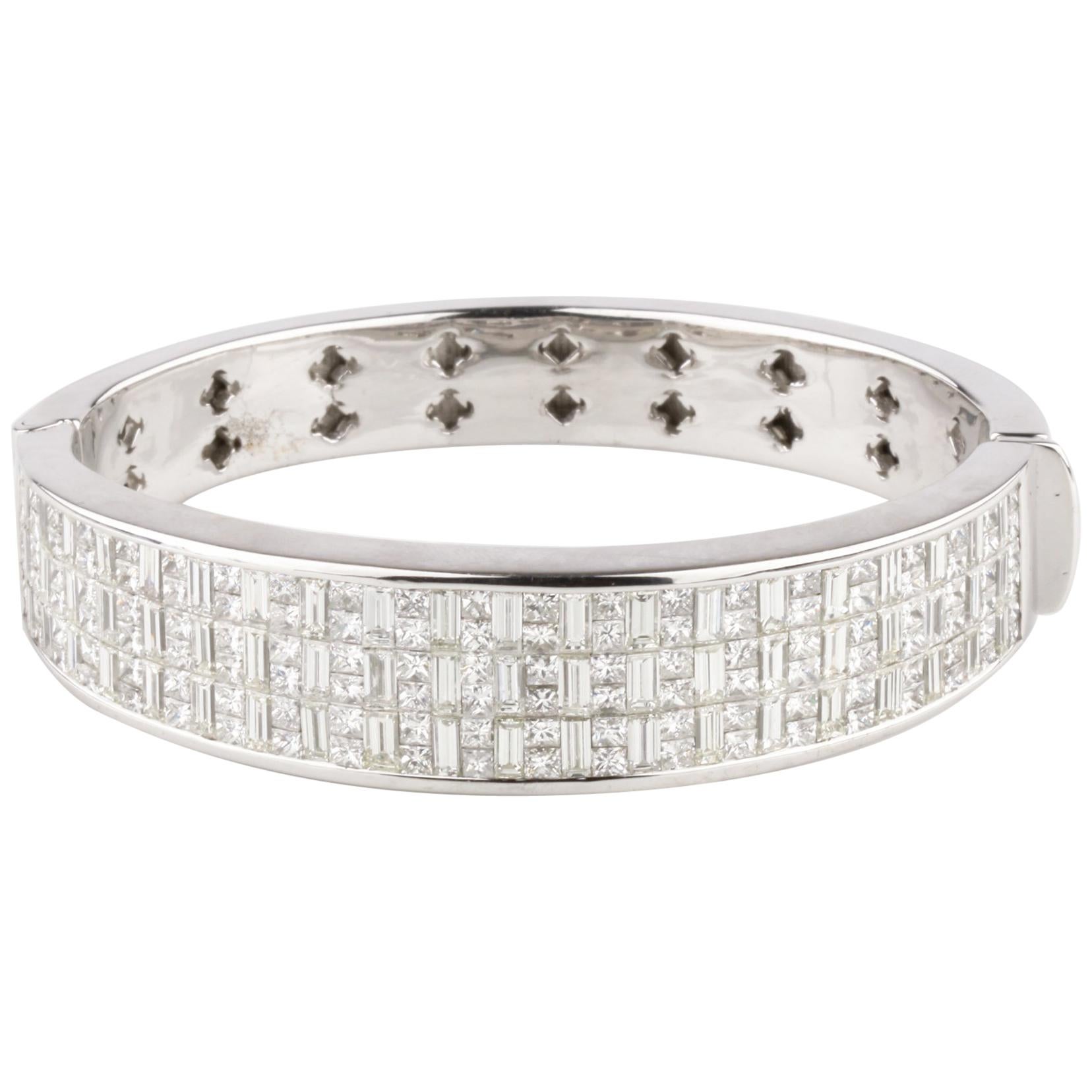 21.30 Carat Diamond Invisibly Set Bangle 18 Karat White Gold Bracelet For Sale