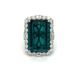21.33 Carat Indicolite Tourmaline Diamond White Gold Cocktail Ring