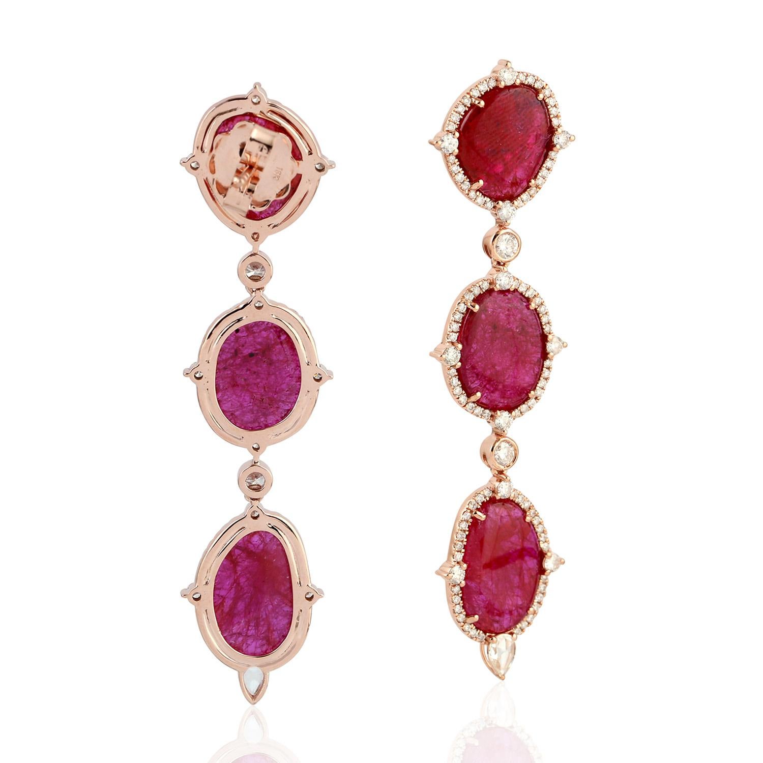 Contemporary 21.34ct 3 Tier Ruby Dangle Earrings With Diamonds Made In 18k Yellow Gold For Sale