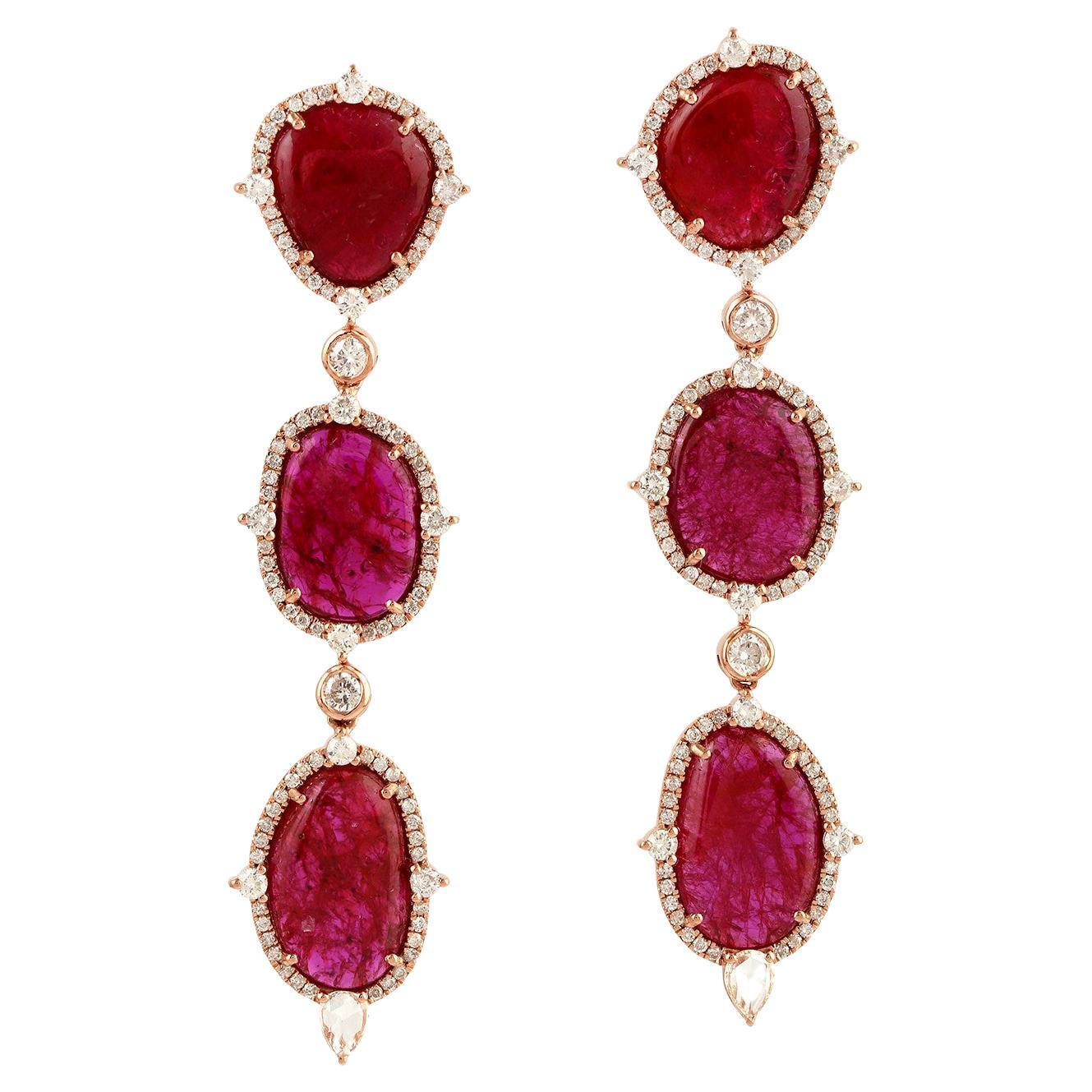 21.34ct 3 Tier Ruby Dangle Earrings With Diamonds Made In 18k Yellow Gold
