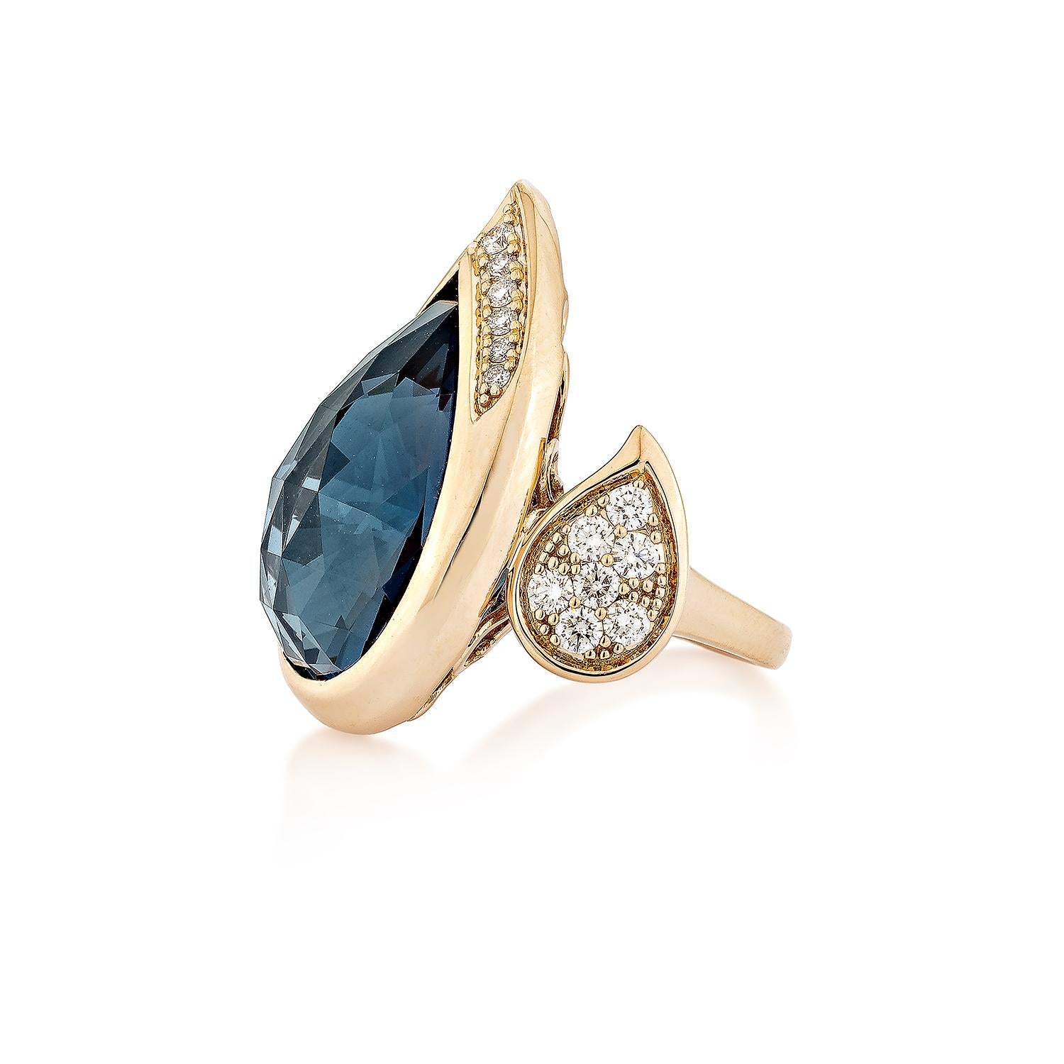 Pear Cut 21.35 Carat London Blue Topaz Fancy Ring in 18Karat Rose Gold with Diamond. For Sale