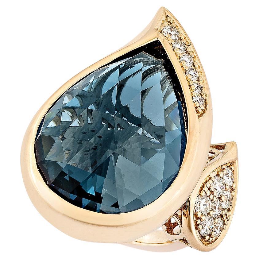 21.35 Carat London Blue Topaz Fancy Ring in 18Karat Rose Gold with Diamond. For Sale