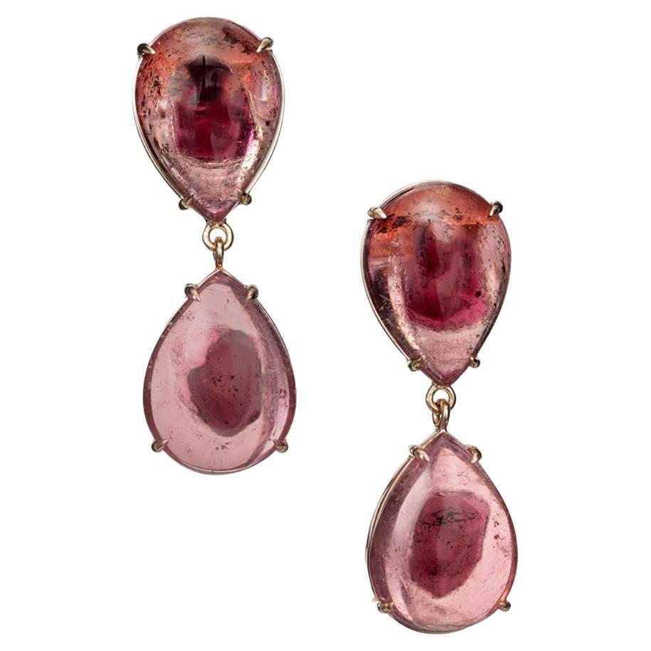 21.36 Carat Pear Cabochon Tourmaline Yellow Gold Dangle Earrings