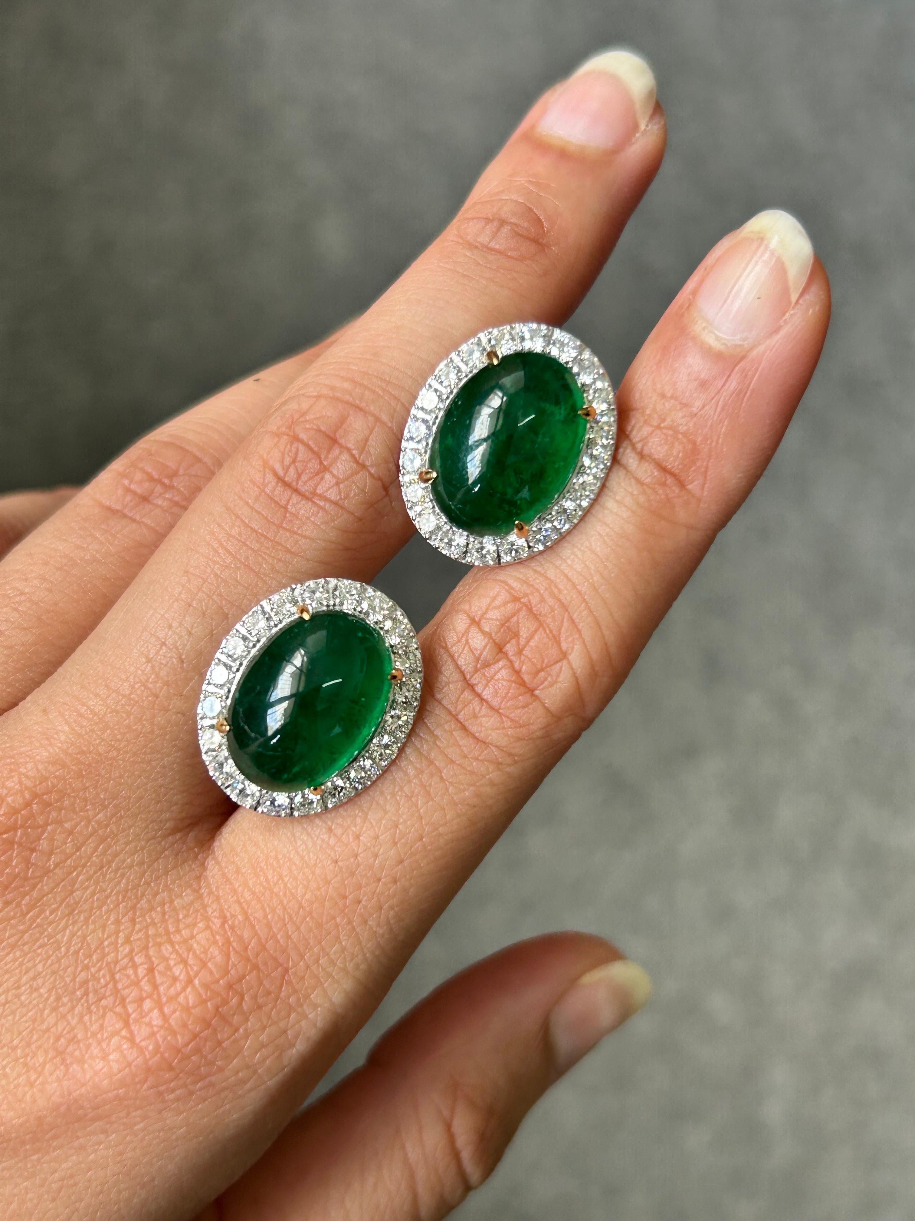 Art Deco 21.36 Carat Zambian Emerald Cabochon and Diamond Studs Earring For Sale