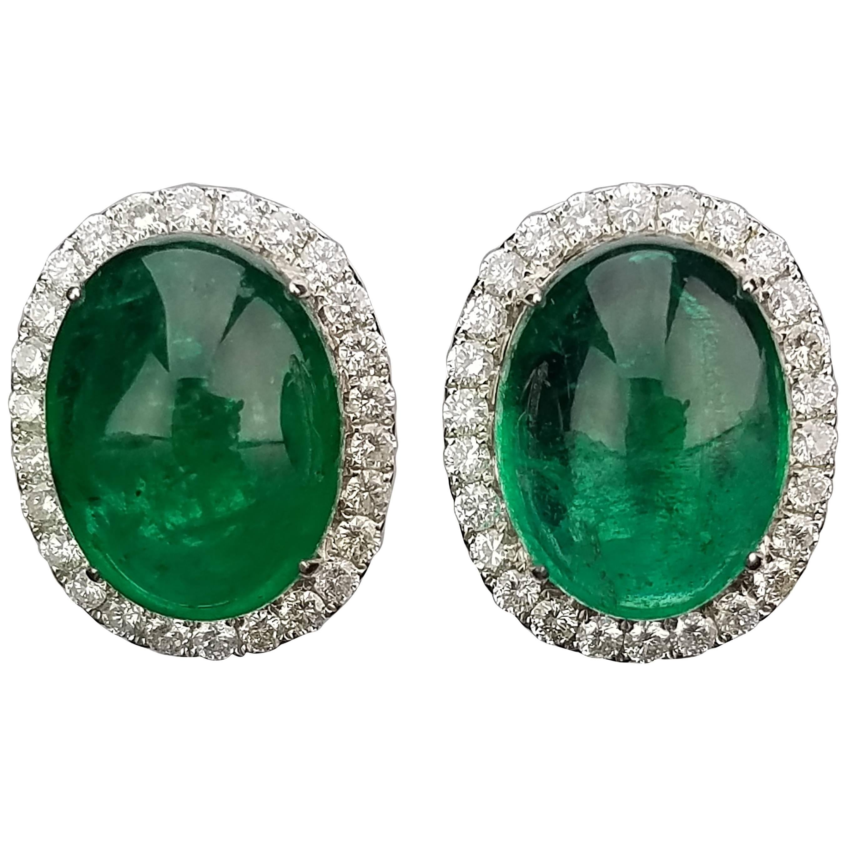 21.36 Carat Zambian Emerald Cabochon and Diamond Studs Earring For Sale