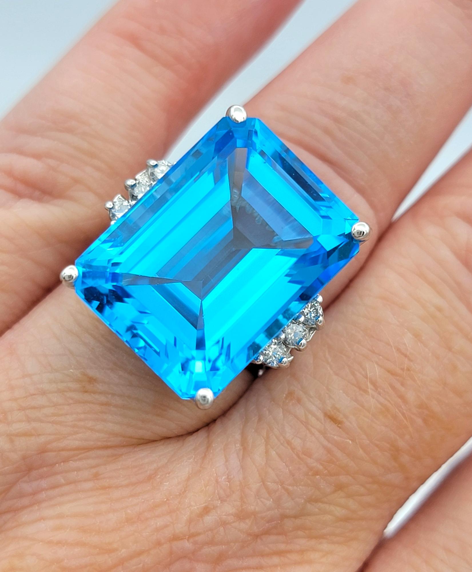 21.39 Carat Emerald Cut Blue Topaz Cocktail Ring With Diamonds in 14 Karat Gold For Sale 5