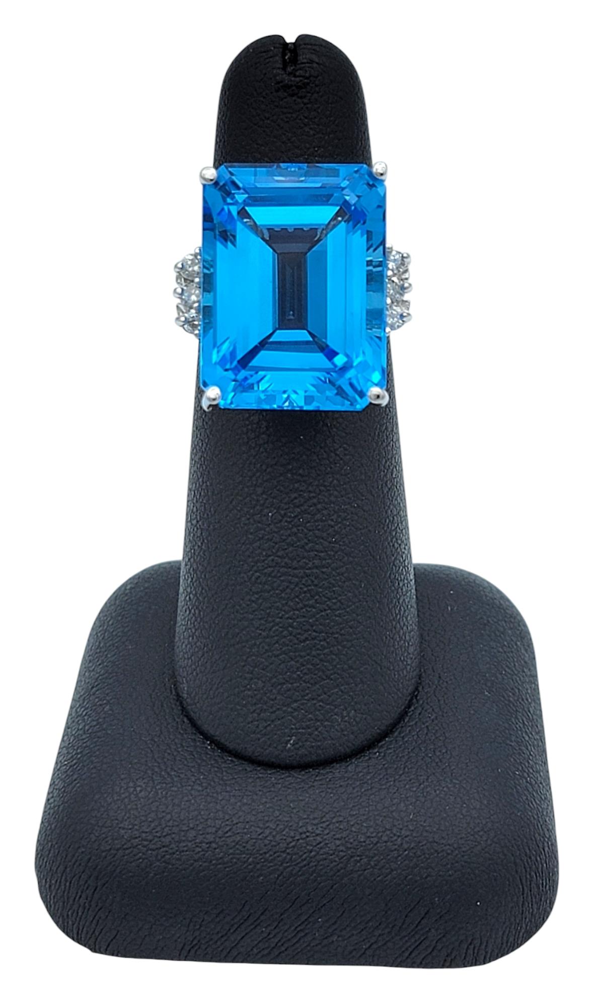 21.39 Carat Emerald Cut Blue Topaz Cocktail Ring With Diamonds in 14 Karat Gold For Sale 6
