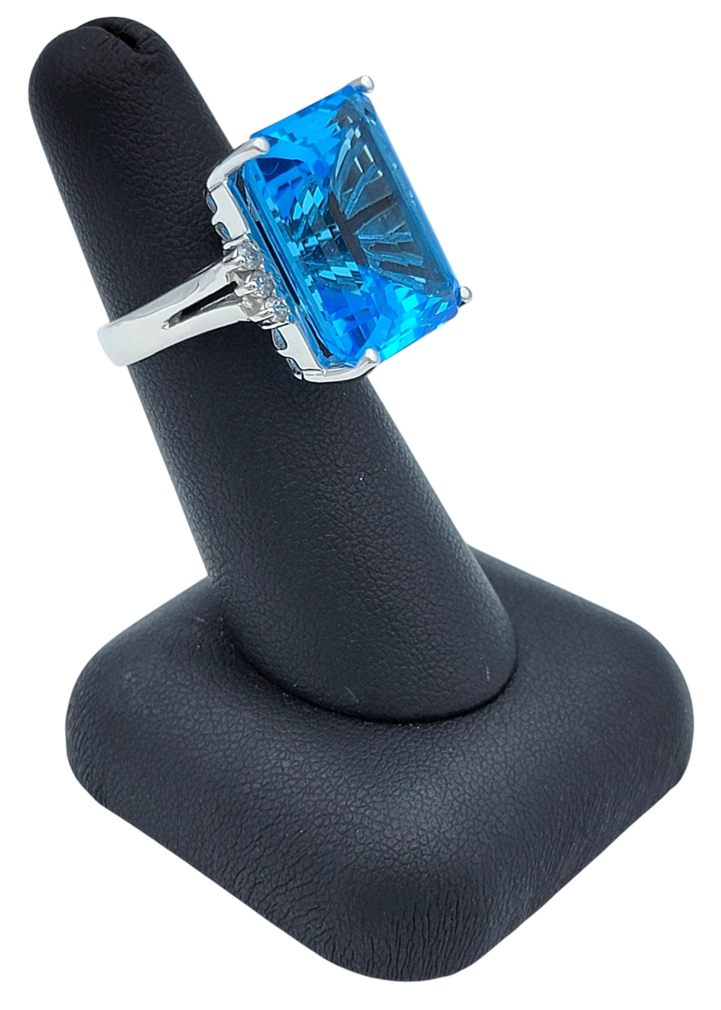 21.39 Carat Emerald Cut Blue Topaz Cocktail Ring With Diamonds in 14 Karat Gold For Sale 7