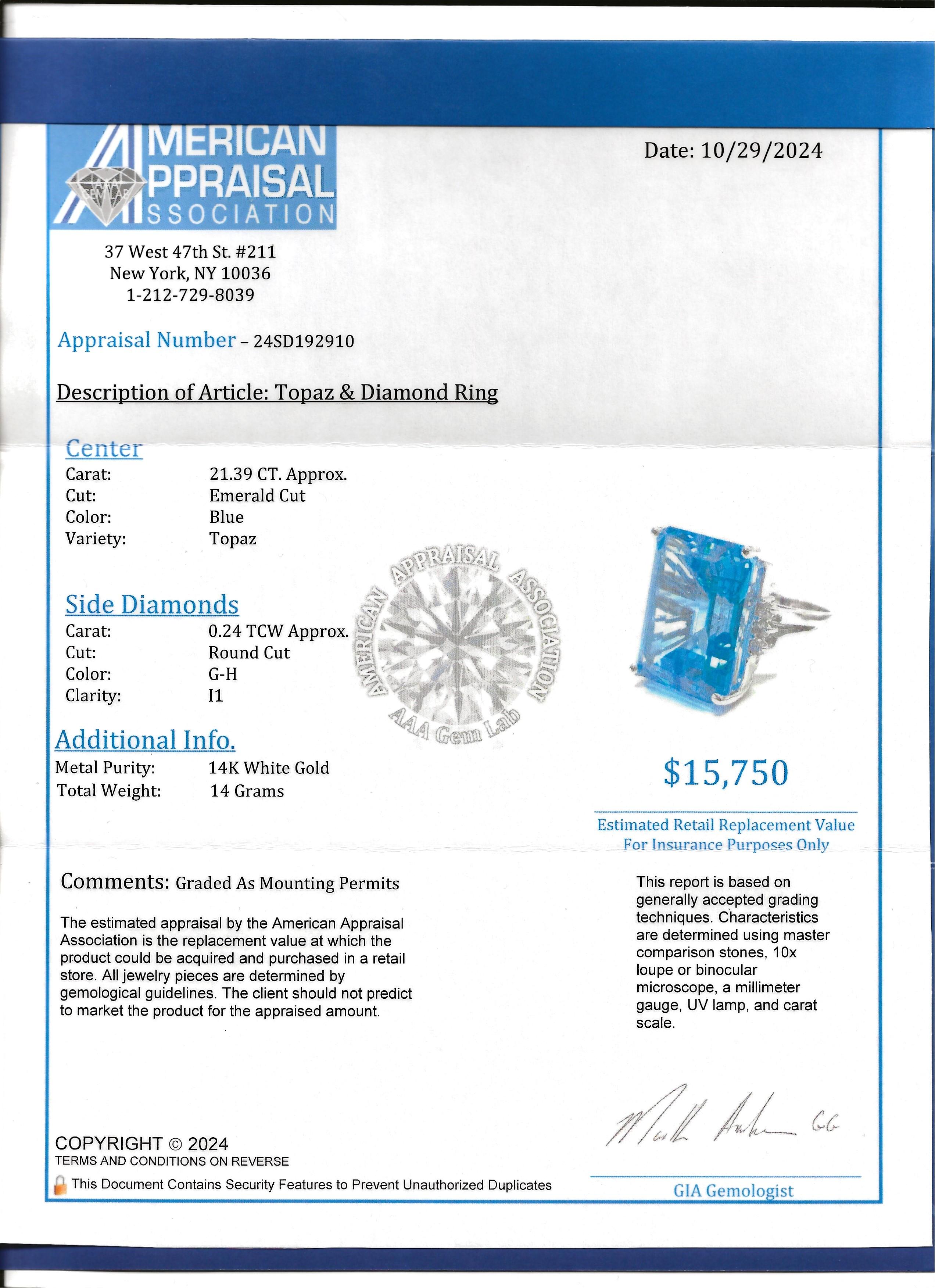 21.39 Carat Emerald Cut Blue Topaz Cocktail Ring With Diamonds in 14 Karat Gold For Sale 8