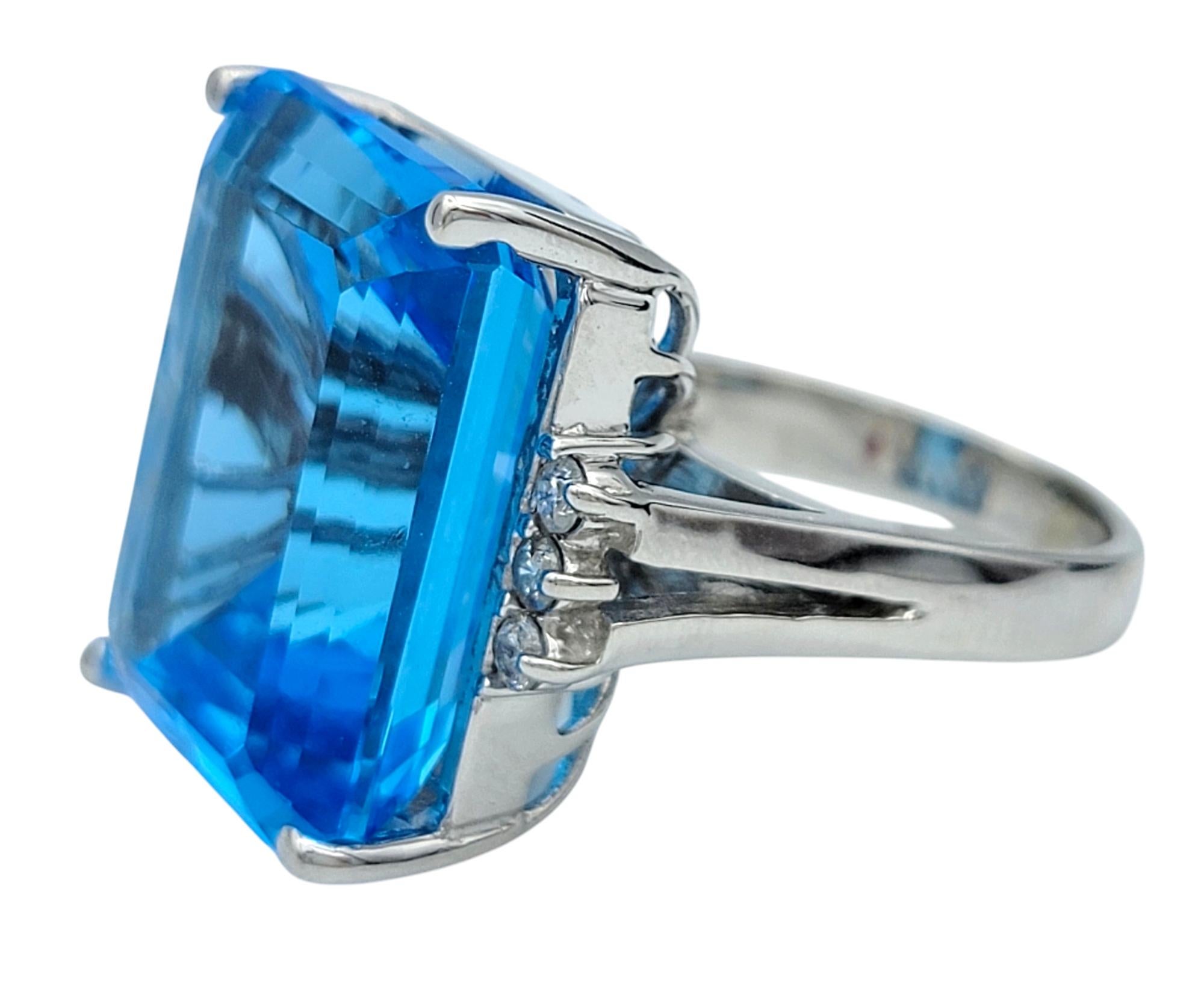 21.39 Carat Emerald Cut Blue Topaz Cocktail Ring With Diamonds in 14 Karat Gold In Good Condition For Sale In Scottsdale, AZ
