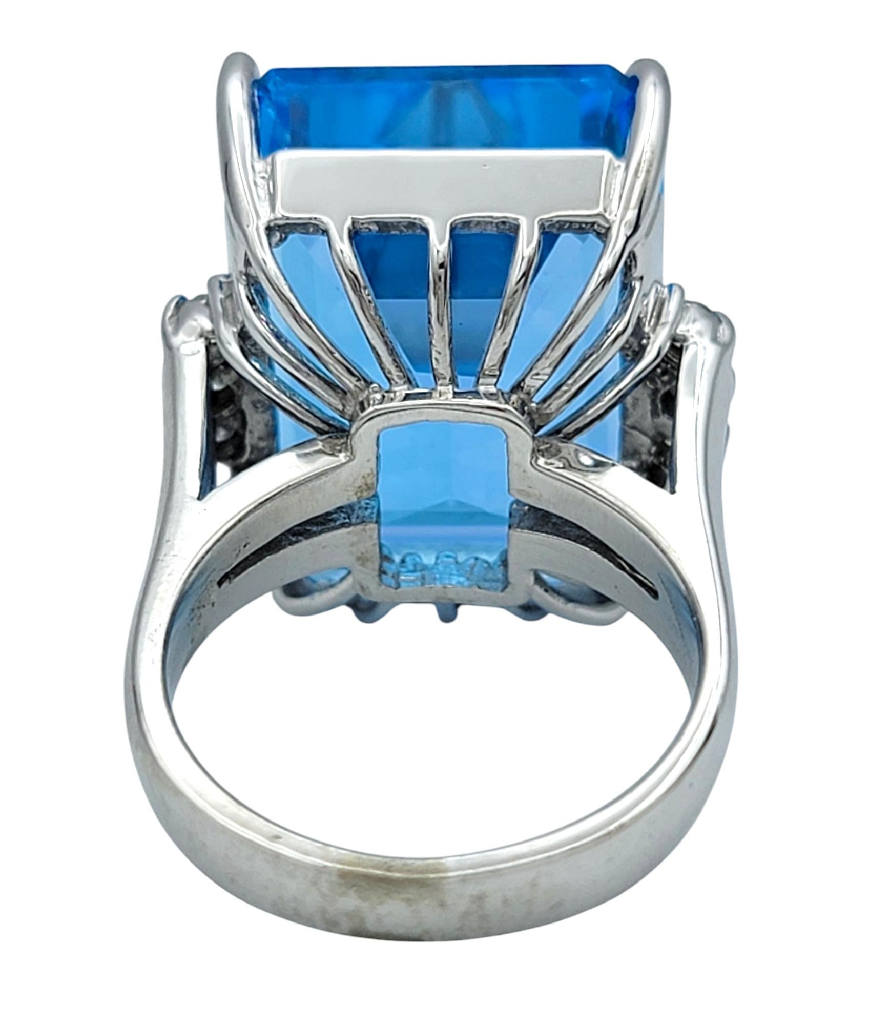 21.39 Carat Emerald Cut Blue Topaz Cocktail Ring With Diamonds in 14 Karat Gold For Sale 1