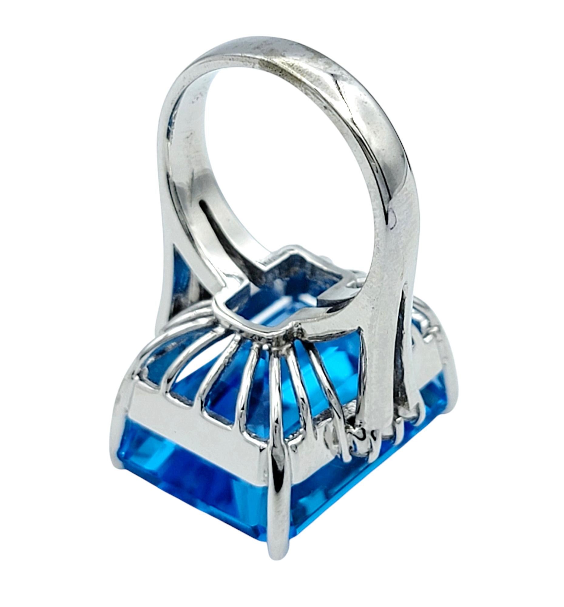 21.39 Carat Emerald Cut Blue Topaz Cocktail Ring With Diamonds in 14 Karat Gold For Sale 2