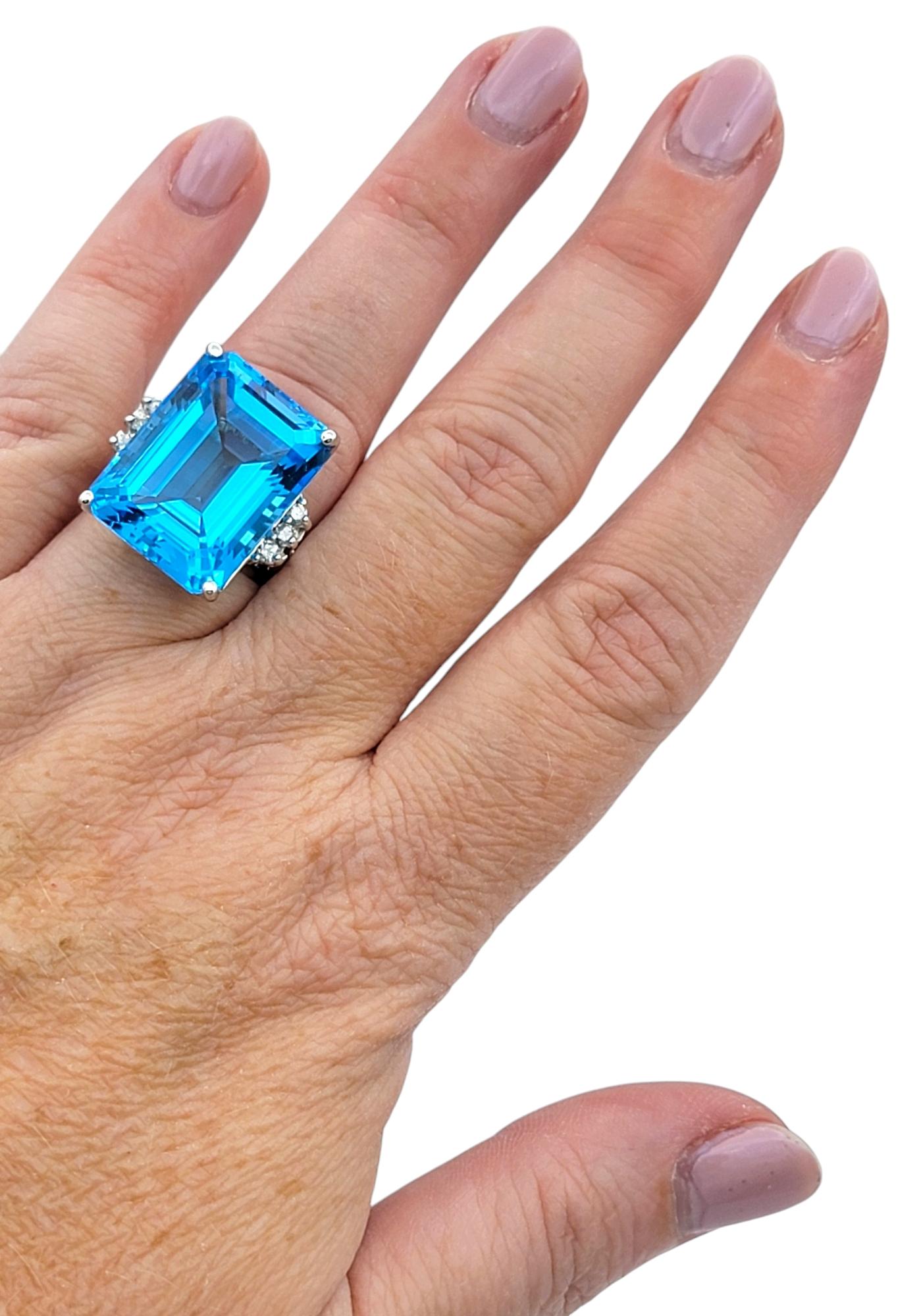 21.39 Carat Emerald Cut Blue Topaz Cocktail Ring With Diamonds in 14 Karat Gold For Sale 4