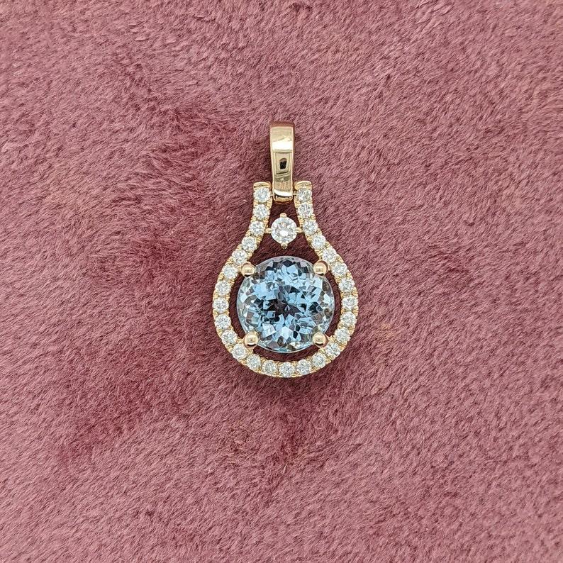 Modernist 2.13ct Aquamarine Pendant w Diamond Accents in Solid 14K Yellow Gold Round 8mm