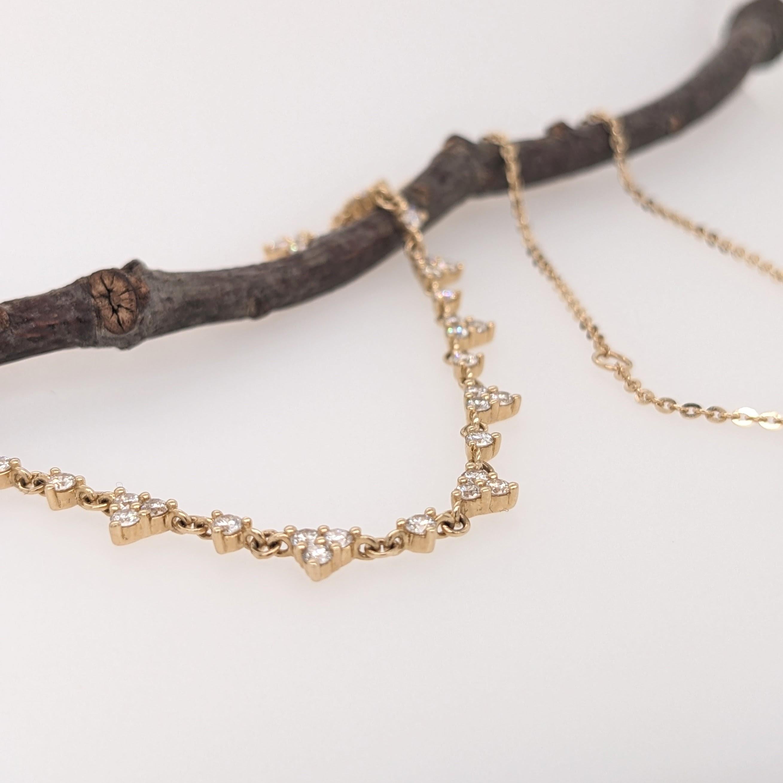 A lovely necklace with triangle shaped diamond studded accents! A dainty chain to elevate any outfit.

Specifications:

Item Type: Necklace
Adjustable 16-18inch
Gold Purity: 14k
Gold Weight: 6.67 grams
Gold Color: Solid Yellow Gold

Stone