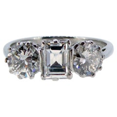 2.13ct Diamond Three Stone Ring, Emerald and Brilliant Cut Diamonds, Platinum