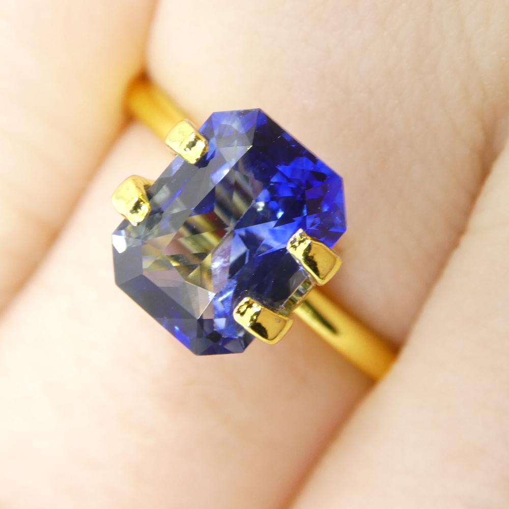 Description:

Gem Type: Sapphire 
Number of Stones: 1
Weight: 2.13 cts
Measurements: 8.38 x 6.48 x 3.98 mm
Shape: Octagonal/Emerald Cut
Cutting Style Crown: Modified Brilliant Cut
Cutting Style Pavilion:  
Transparency: Transparent
Clarity: Very