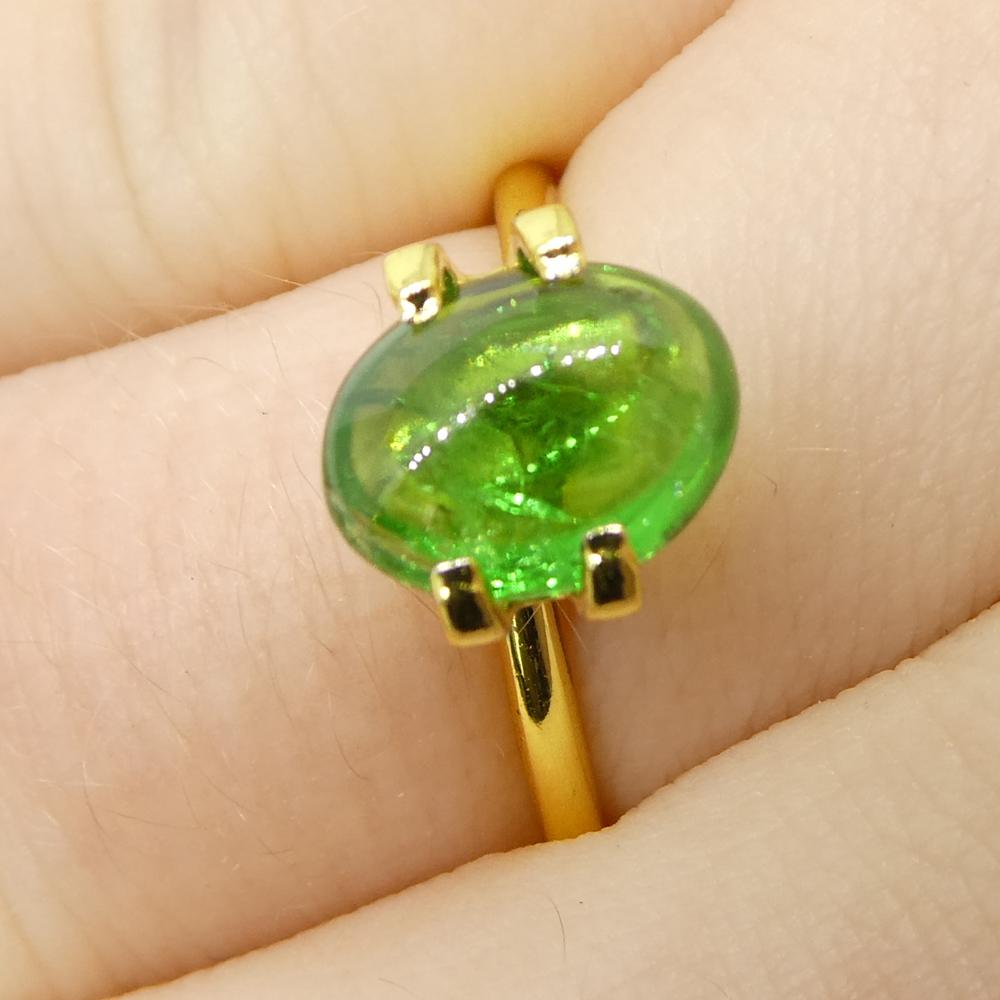 Description:

Gem Type: Tsavorite Garnet 
Number of Stones: 1
Weight: 2.13 cts
Measurements: 8.96 x 7.03 x 3.84 mm
Shape: Oval
Cutting Style Crown: 
Cutting Style Pavilion:  
Transparency: Transparent
Clarity: Moderately Included: Inclusions easily