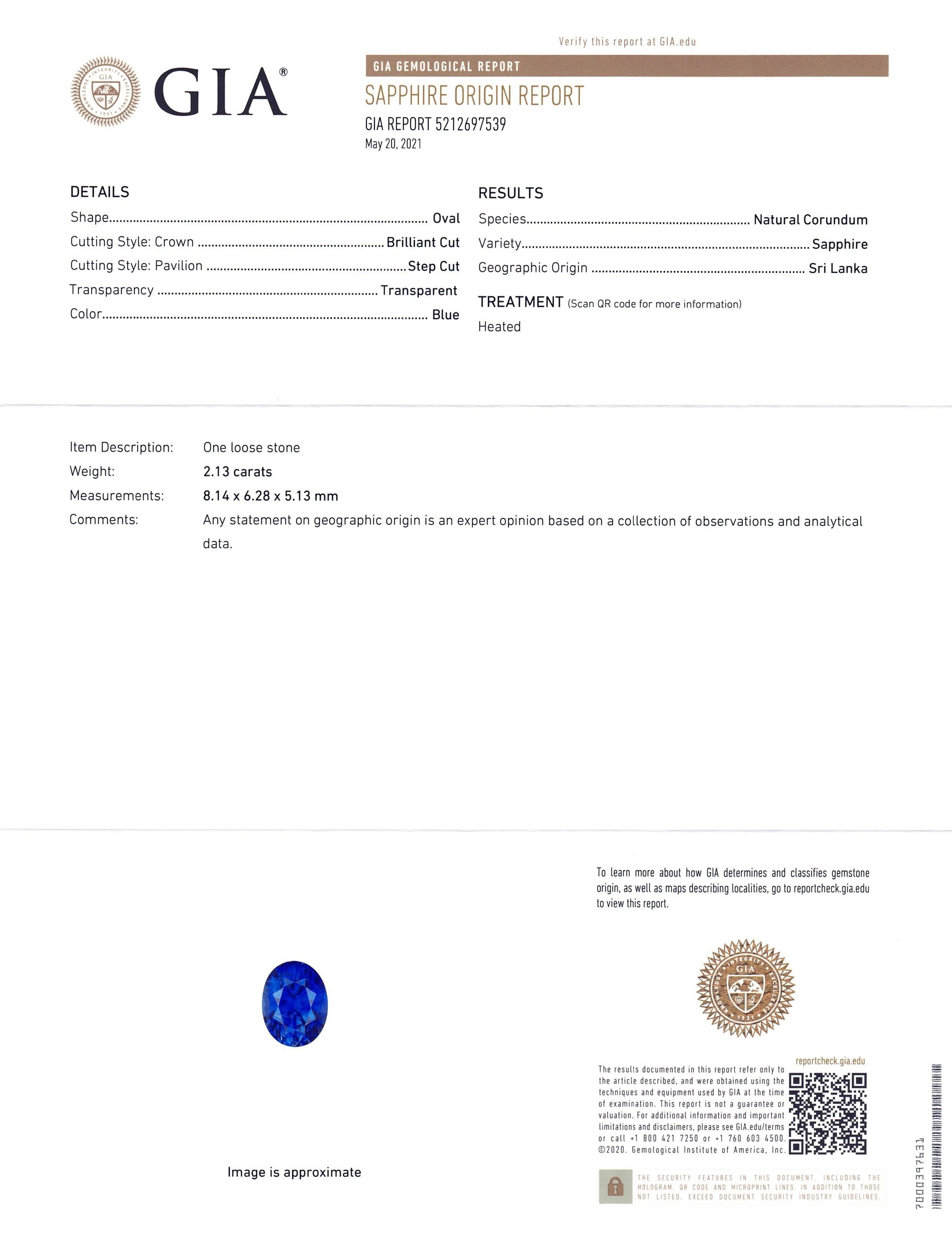 Women's or Men's 2.13ct Oval Vivid Cornflower Blue Sapphire GIA Certified Sri Lanka For Sale