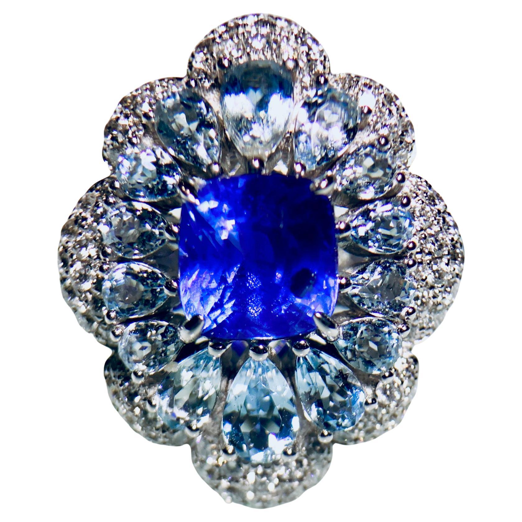 EOSTRE Unheated Sapphire, Aquamarine and Diamond Ring in 18K White Gold