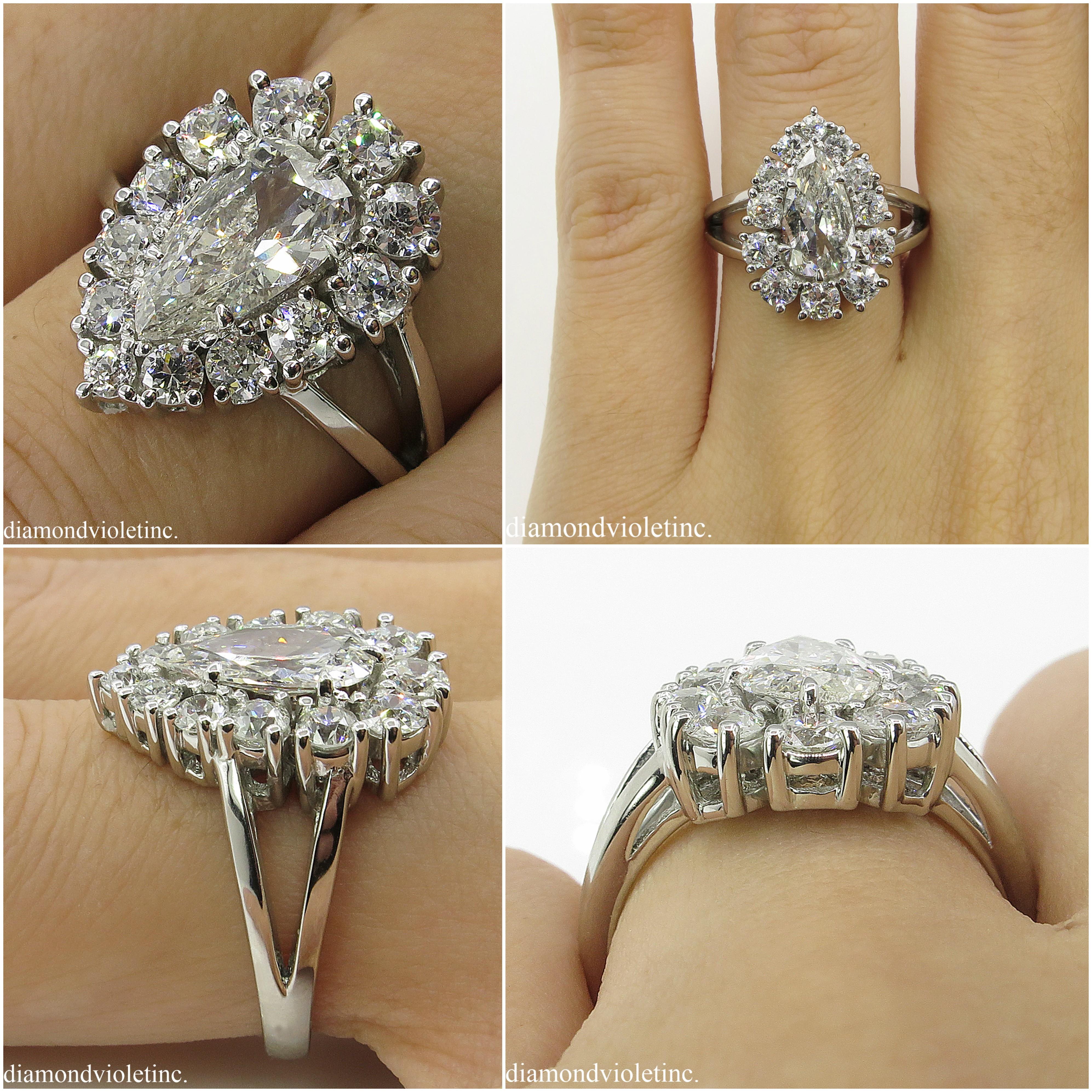 2.13 Carat Vintage Pear Diamond Cluster Engagement Platinum Ring EGL, USA 10