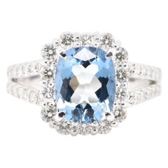 2.14 Carat Aquamarine and Diamond Halo Cocktail Ring Set in Platinum