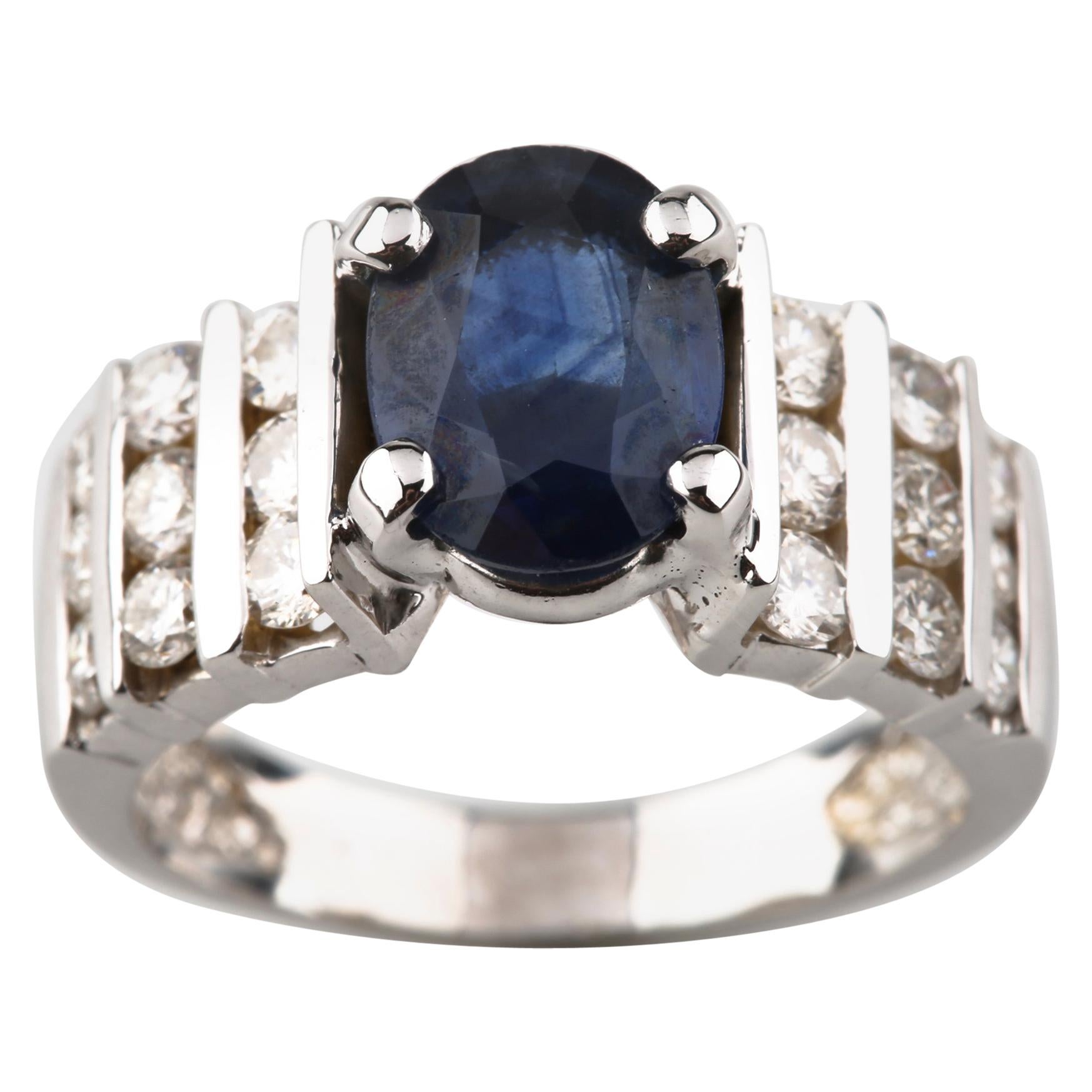 2.14 Carat Blue Sapphire Solitaire and Diamond 14 Karat White Gold Ring