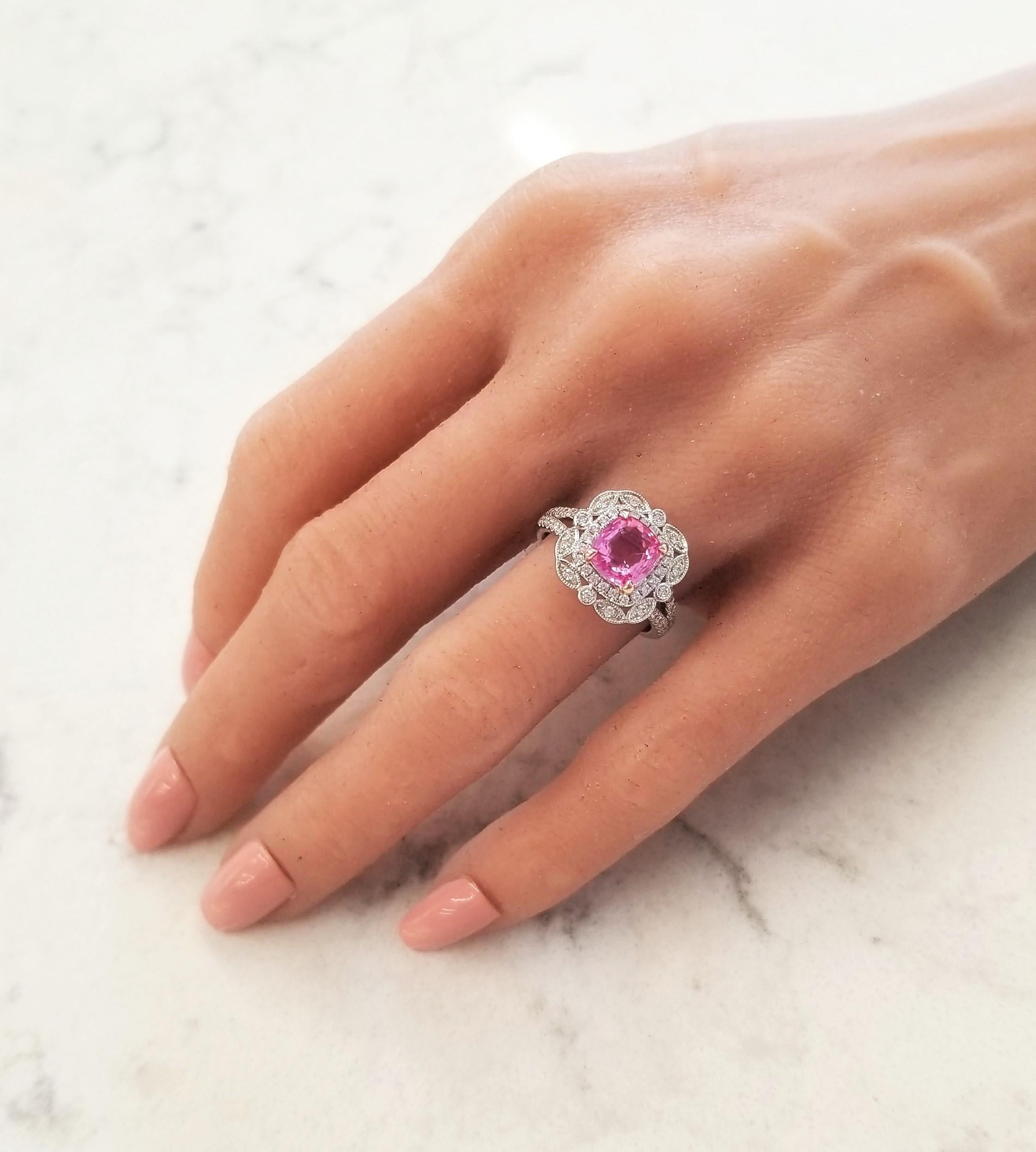 2.14 Carat Cushion Cut Pink Sapphire and Diamond Cocktail Ring in 18 Karat Gold In New Condition In Chicago, IL