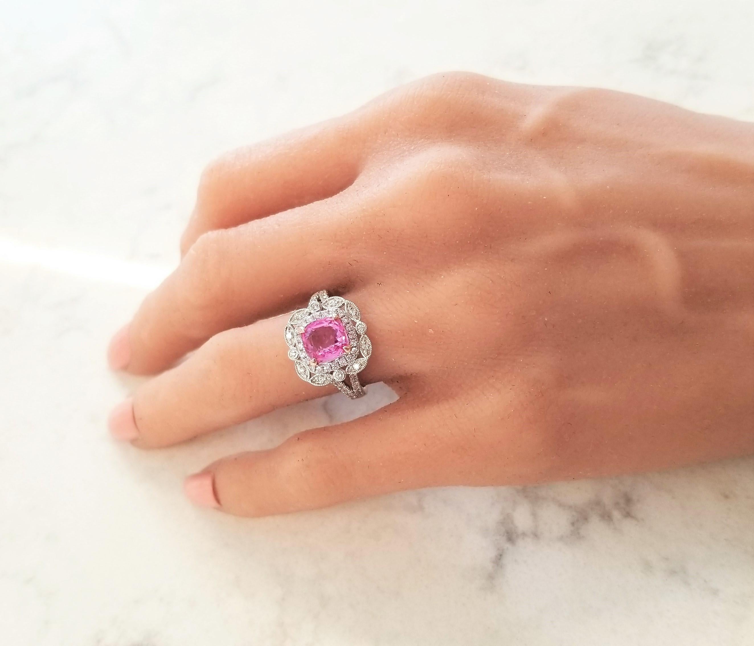 2.14 Carat Cushion Cut Pink Sapphire and Diamond Cocktail Ring in 18 Karat Gold 1