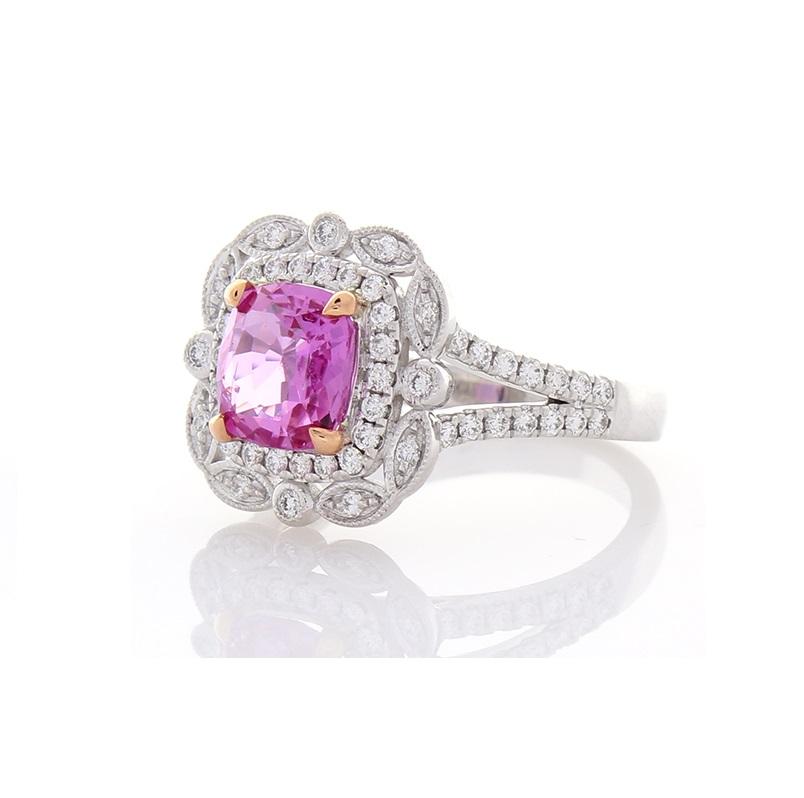 Contemporary 2.14 Carat Cushion Cut Pink Sapphire and Diamond Cocktail Ring in 18 Karat Gold