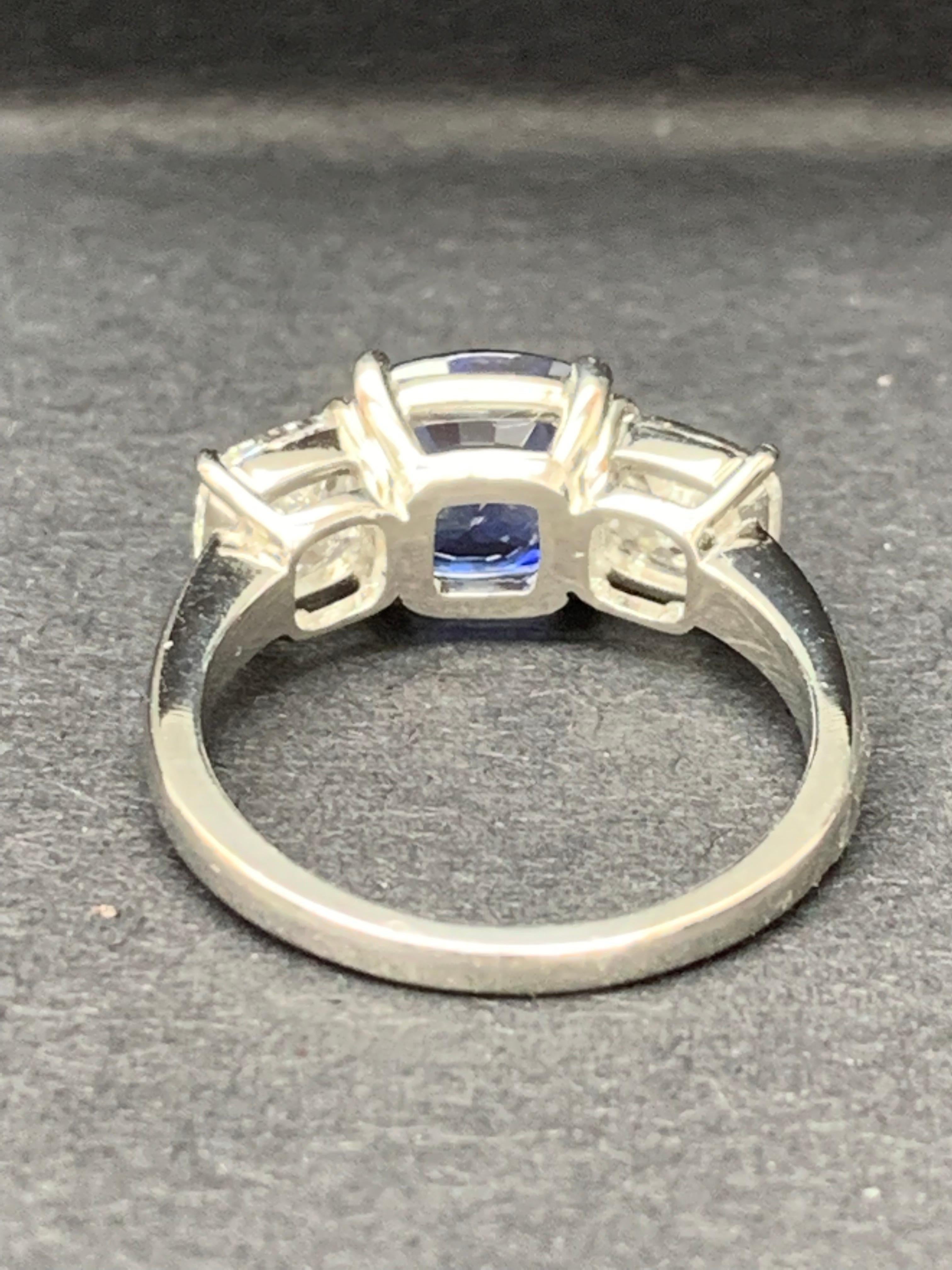2.14 Carat Cushion Cut Sapphire and Diamond Three-Stone Engagement Platinum Ring For Sale 6
