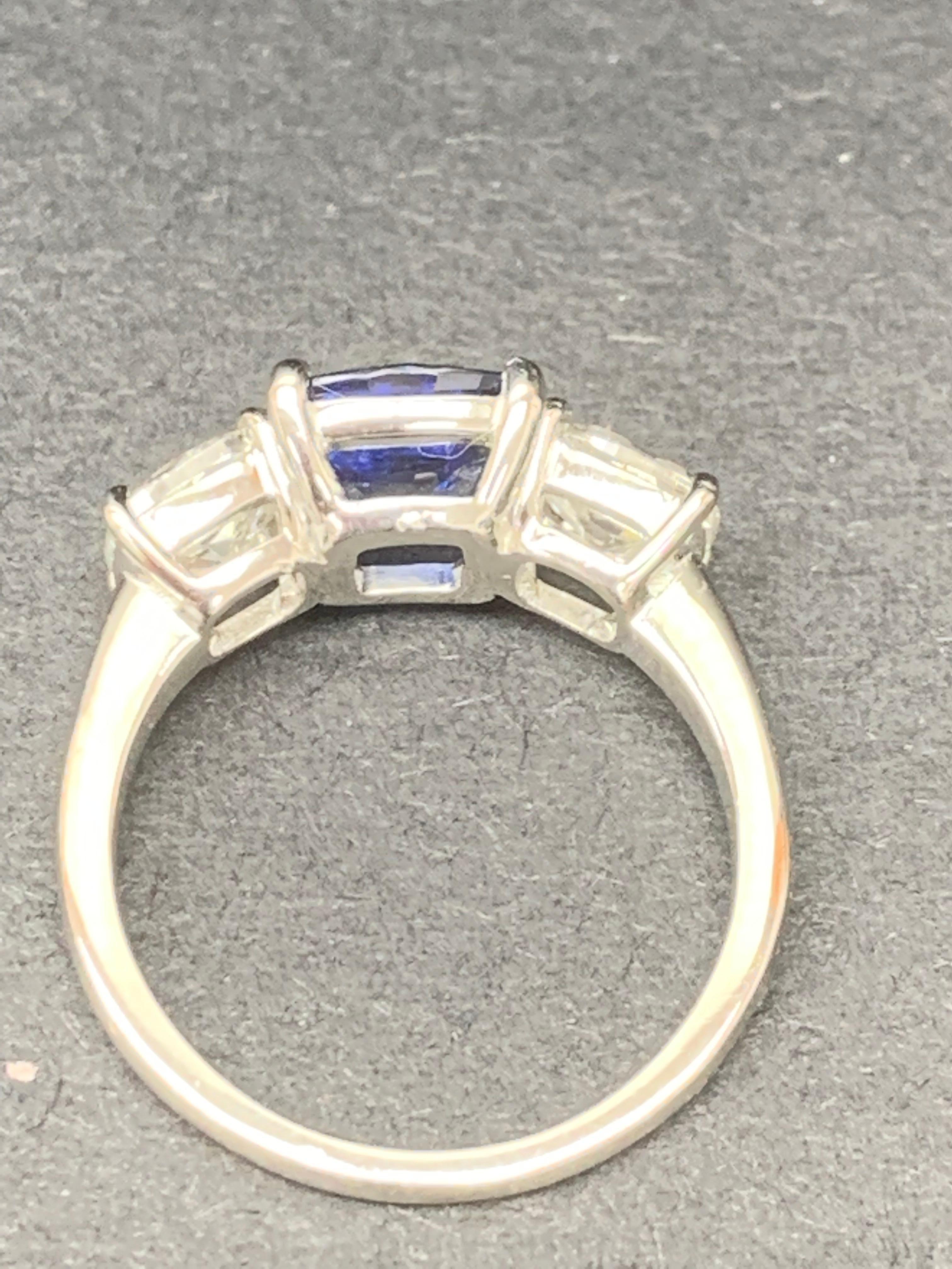 2.14 Carat Cushion Cut Sapphire and Diamond Three-Stone Engagement Platinum Ring For Sale 7