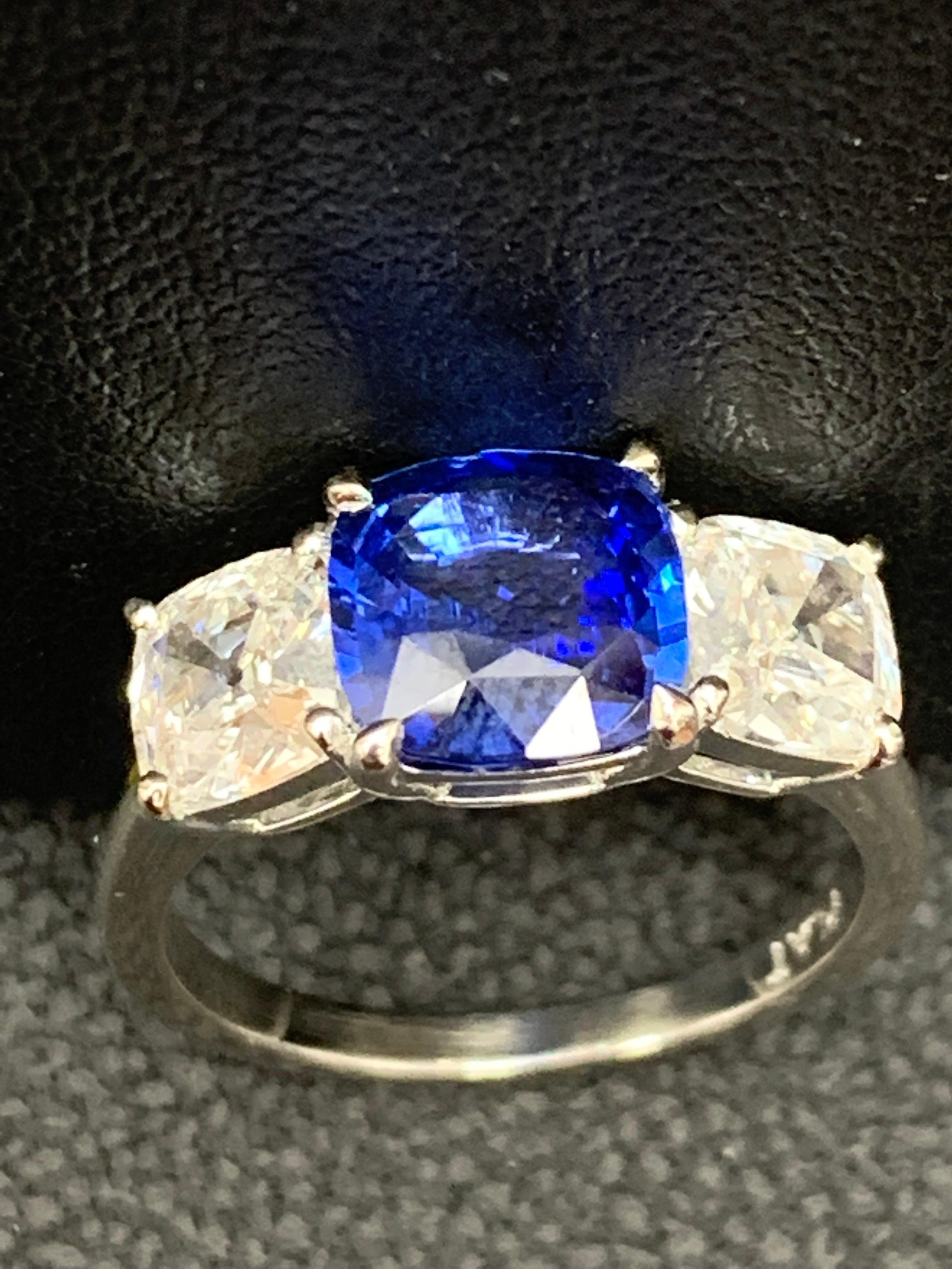 2.14 Carat Cushion Cut Sapphire and Diamond Three-Stone Engagement Platinum Ring For Sale 8
