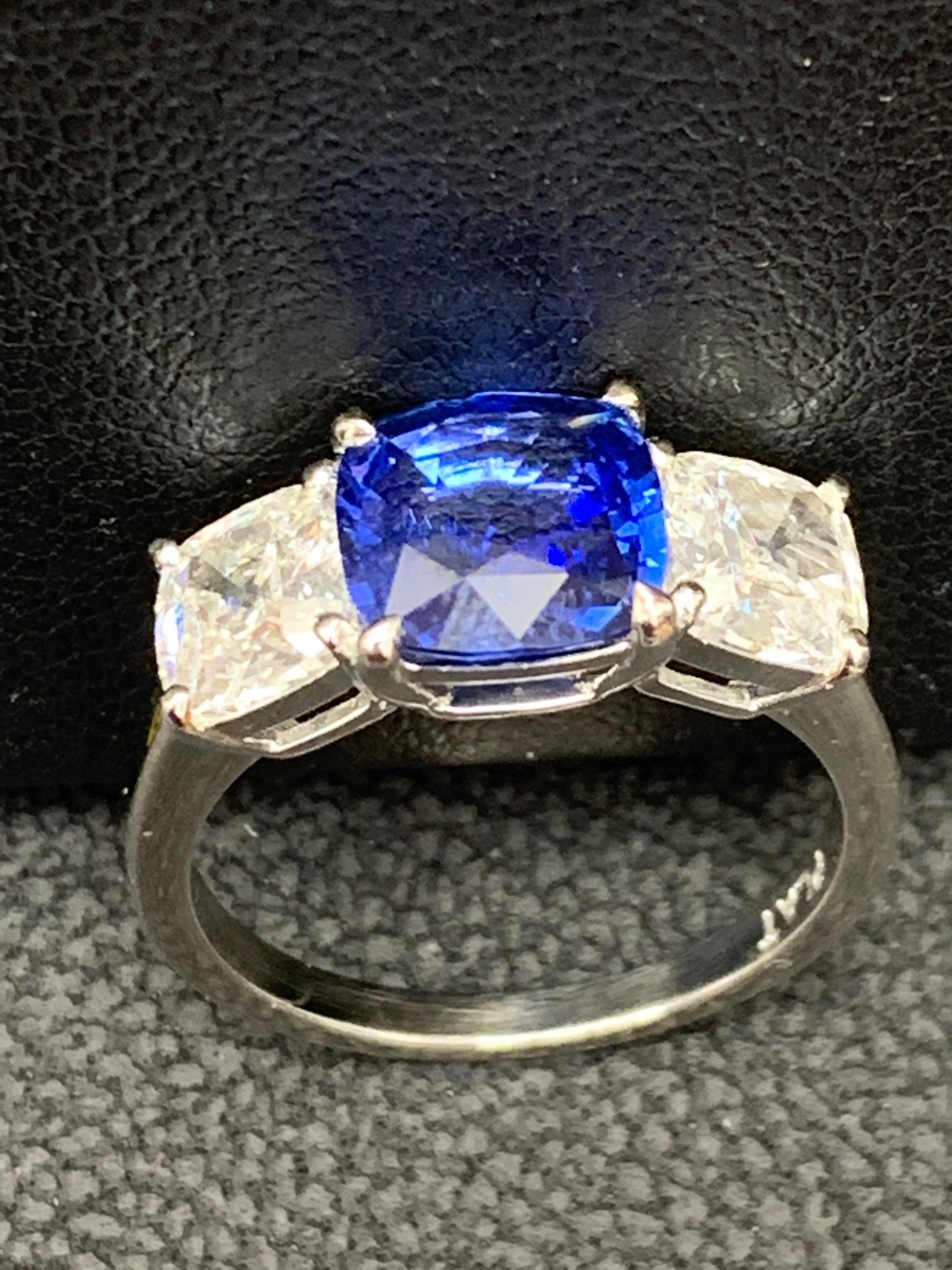 2.14 Carat Cushion Cut Sapphire and Diamond Three-Stone Engagement Platinum Ring For Sale 9