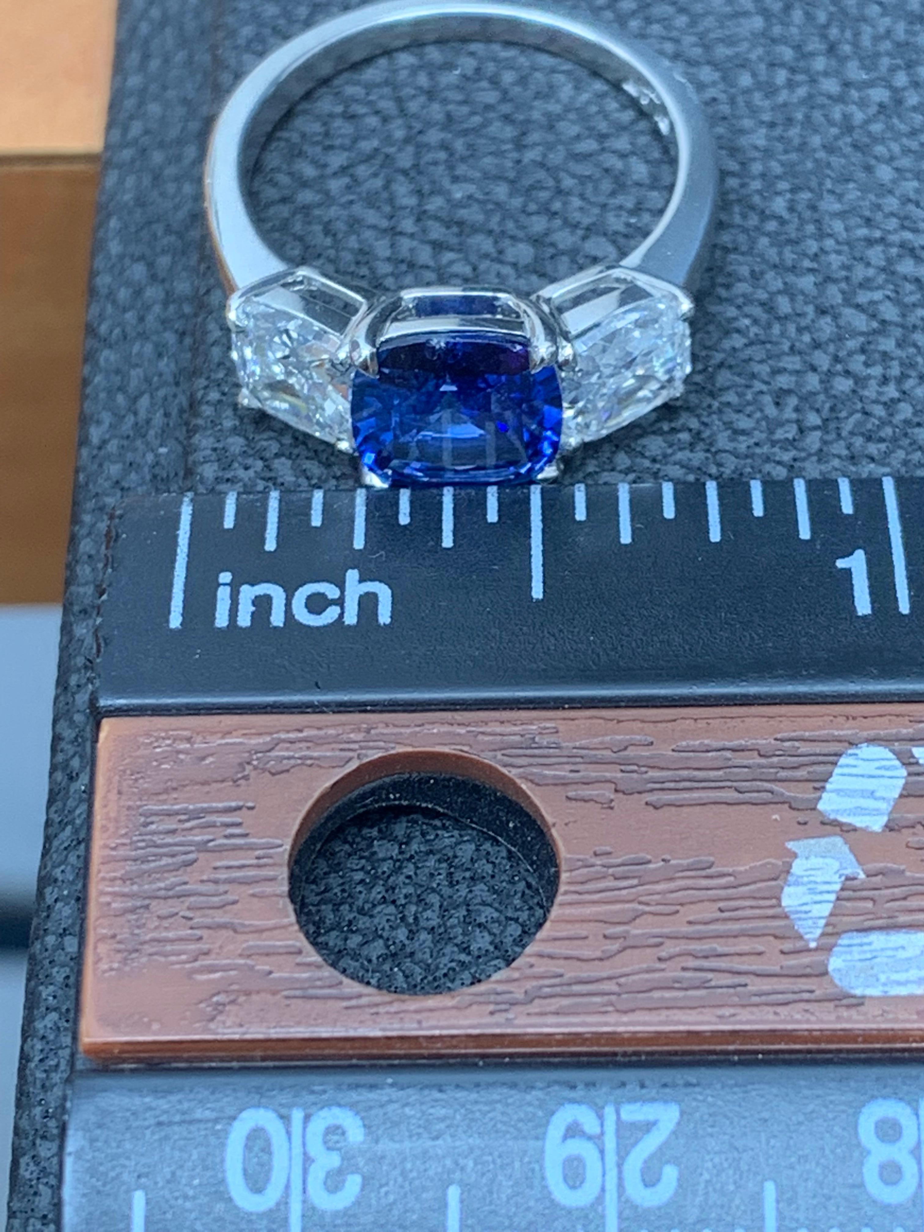 2.14 Carat Cushion Cut Sapphire and Diamond Three-Stone Engagement Platinum Ring For Sale 10