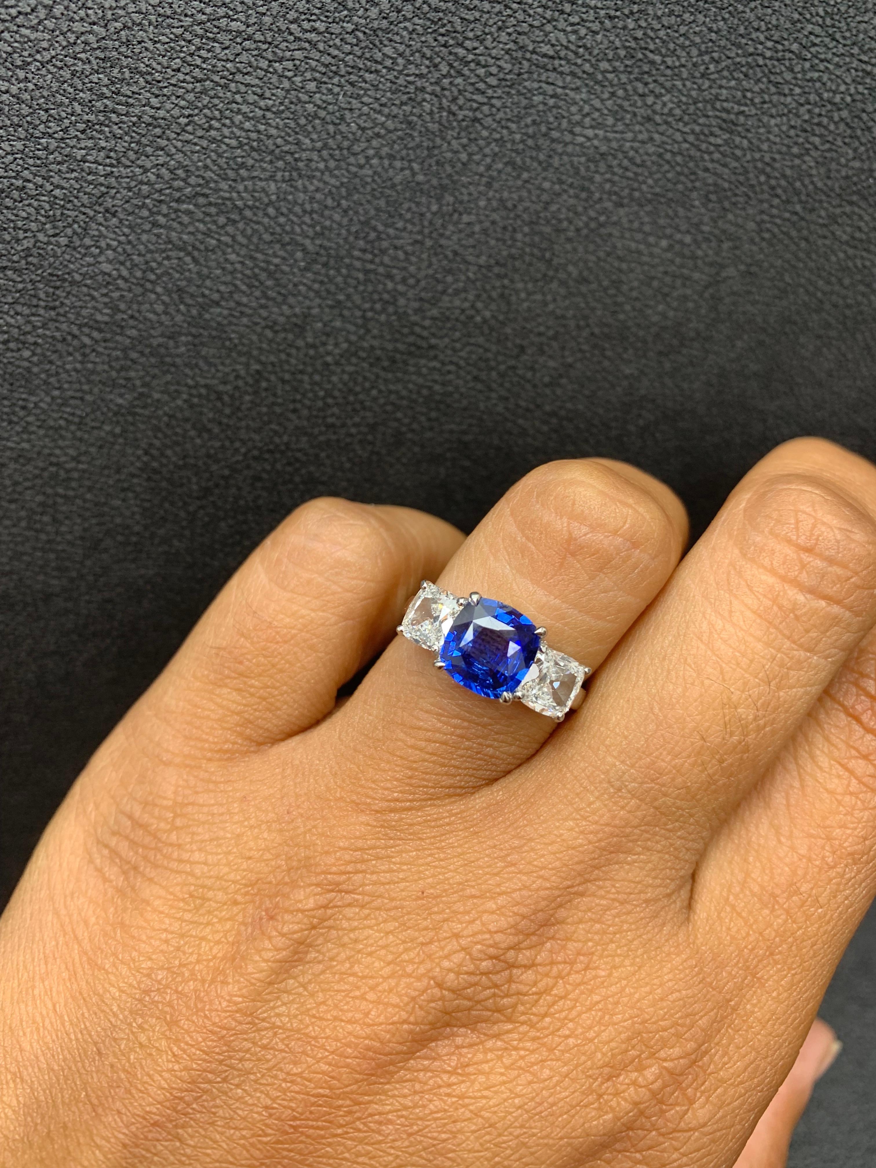 Modern 2.14 Carat Cushion Cut Sapphire and Diamond Three-Stone Engagement Platinum Ring For Sale