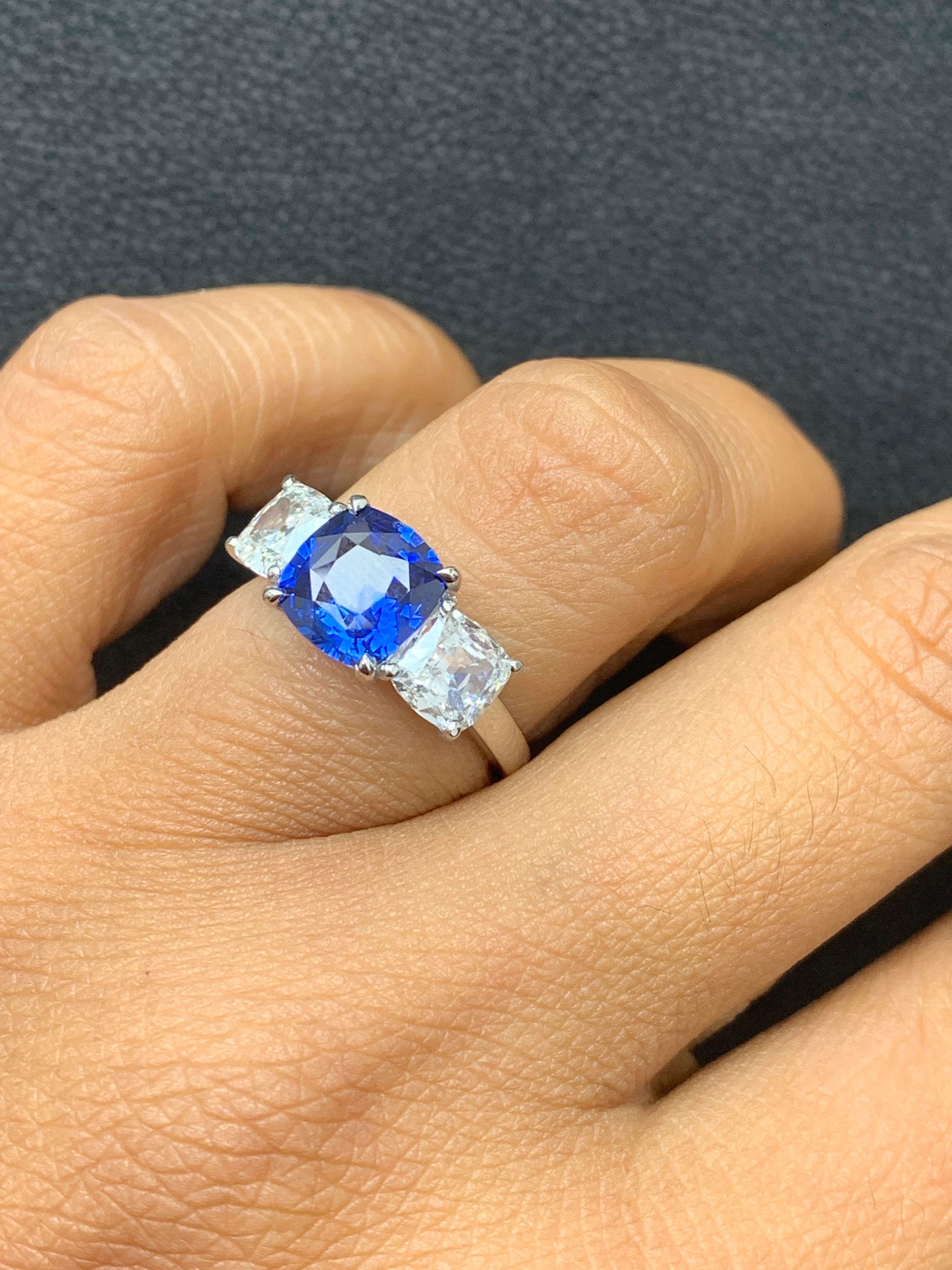 2.14 Carat Cushion Cut Sapphire and Diamond Three-Stone Engagement Platinum Ring In New Condition For Sale In NEW YORK, NY